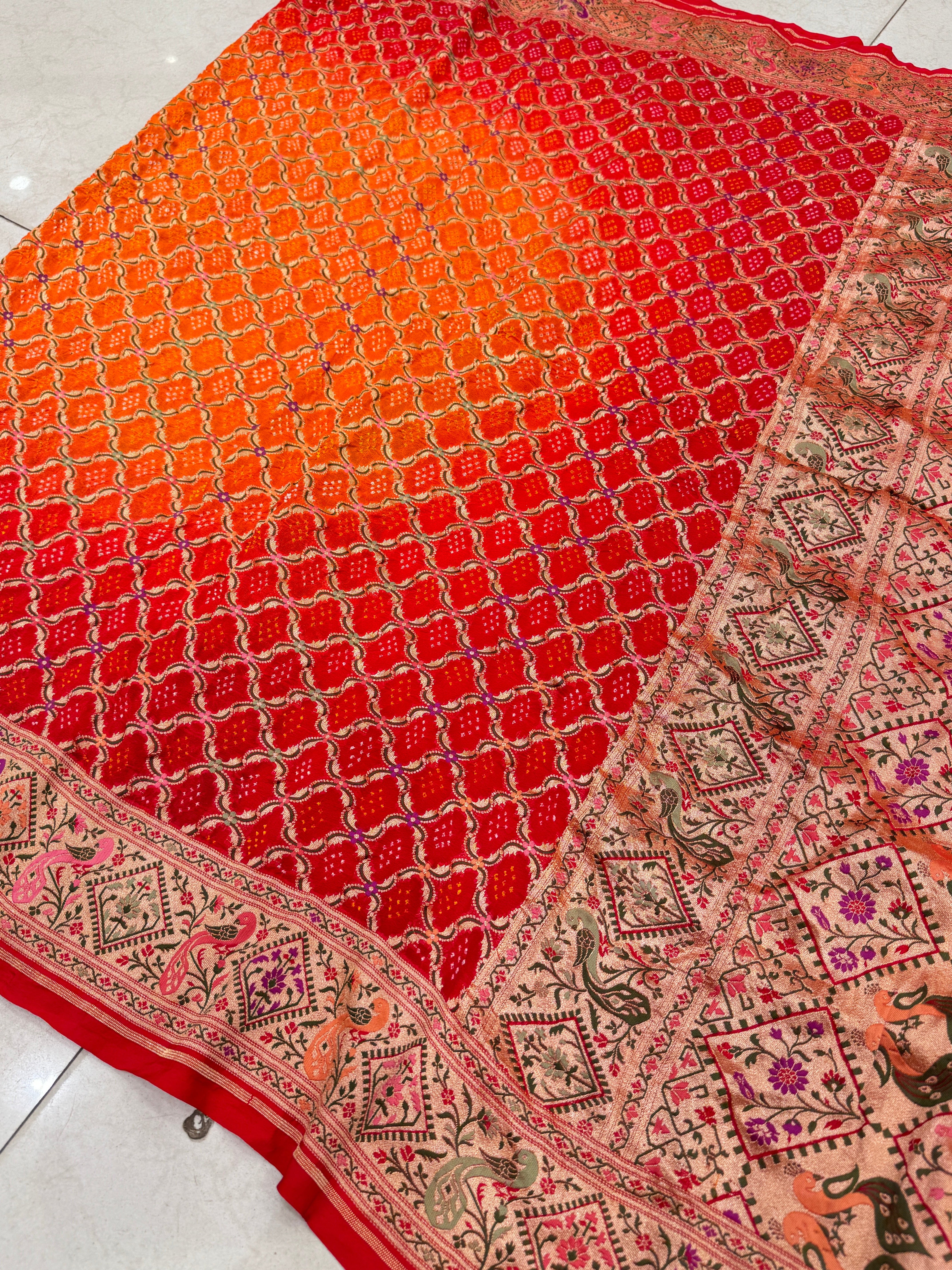 Shaded Orange Red Bandhej Meenakari Saree Rani Bandhej