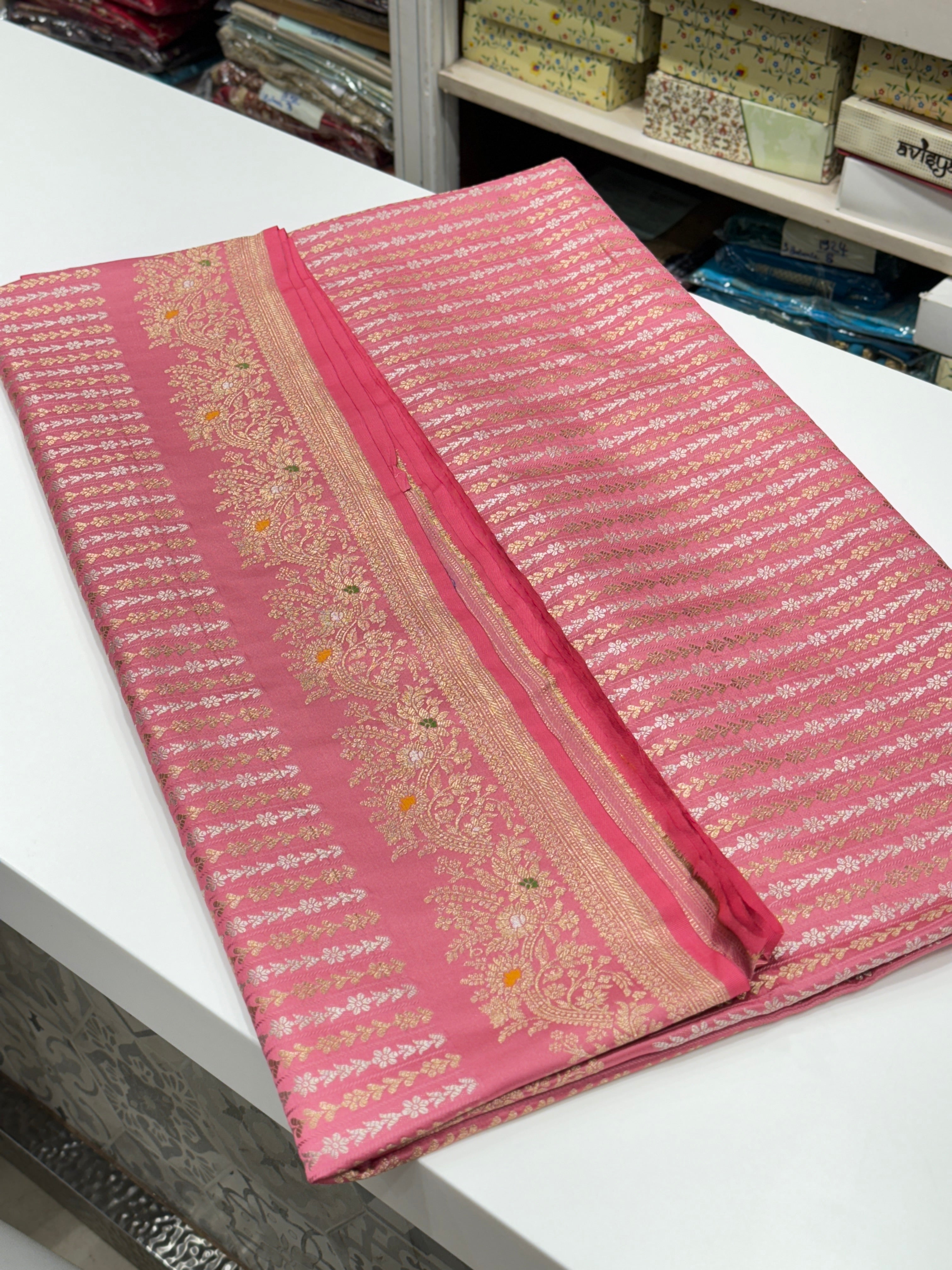 Pink Banarasi Line Weave Saree