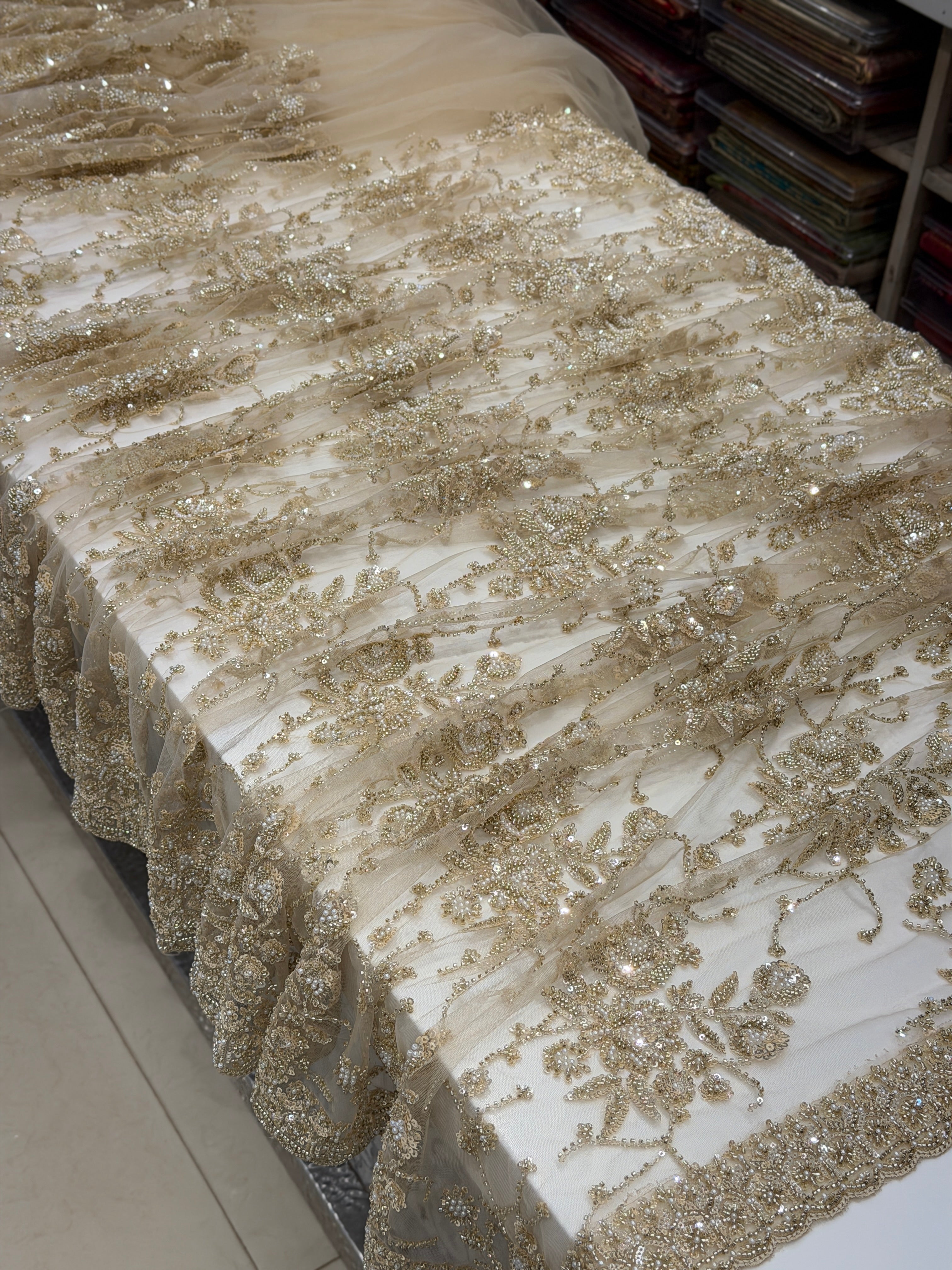 Golden Net Moti Sequin Jaal Heavy Blouse Saree