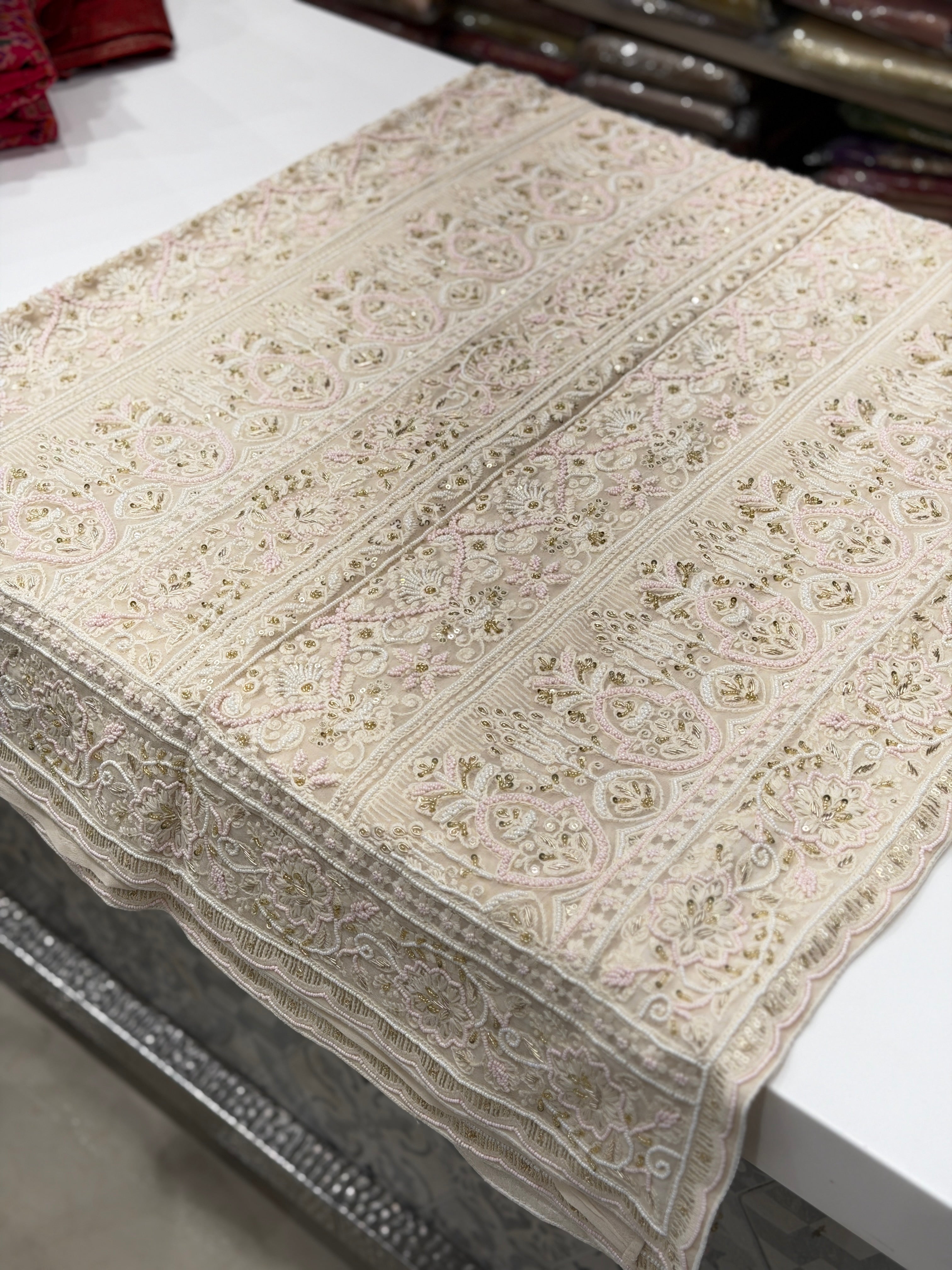 White Chikankari Kidiya Moti Zardosi Hand Embroidery Saree