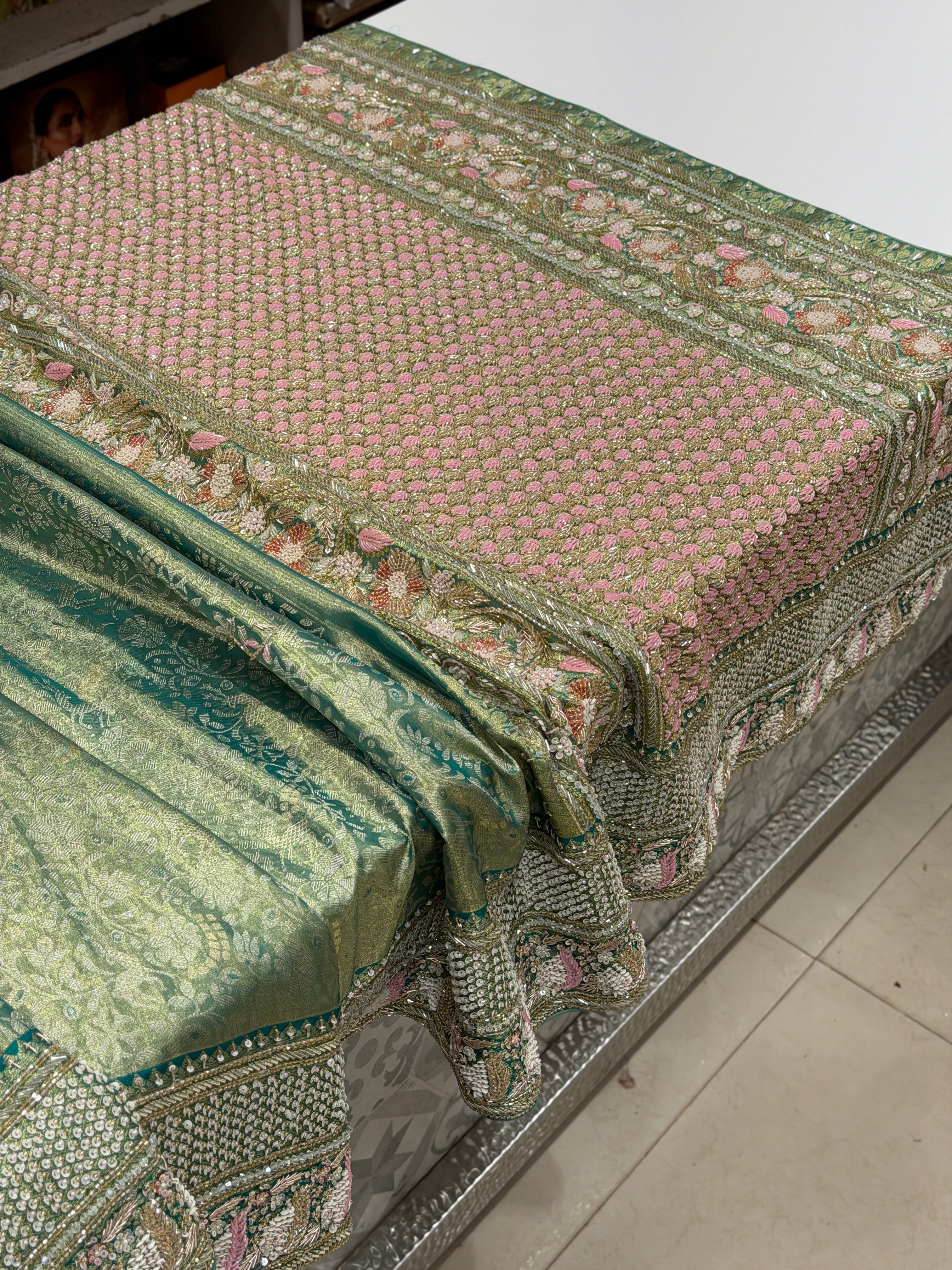 Pista Green Floral Tissue Kanjivaram Hand Embroidery Saree