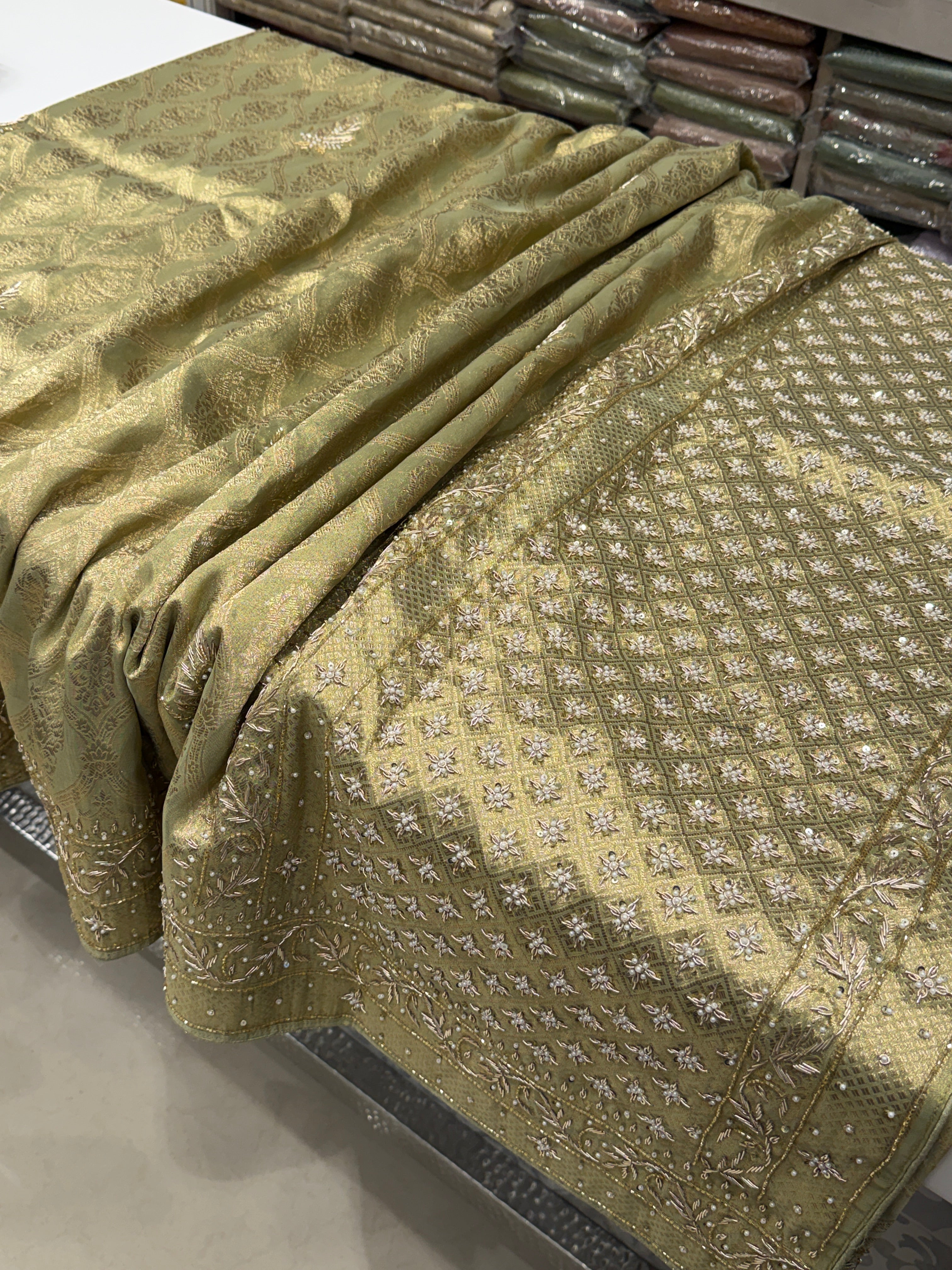 Pista Green Crown Jaal Banarasi Zardosi Embroidery Saree