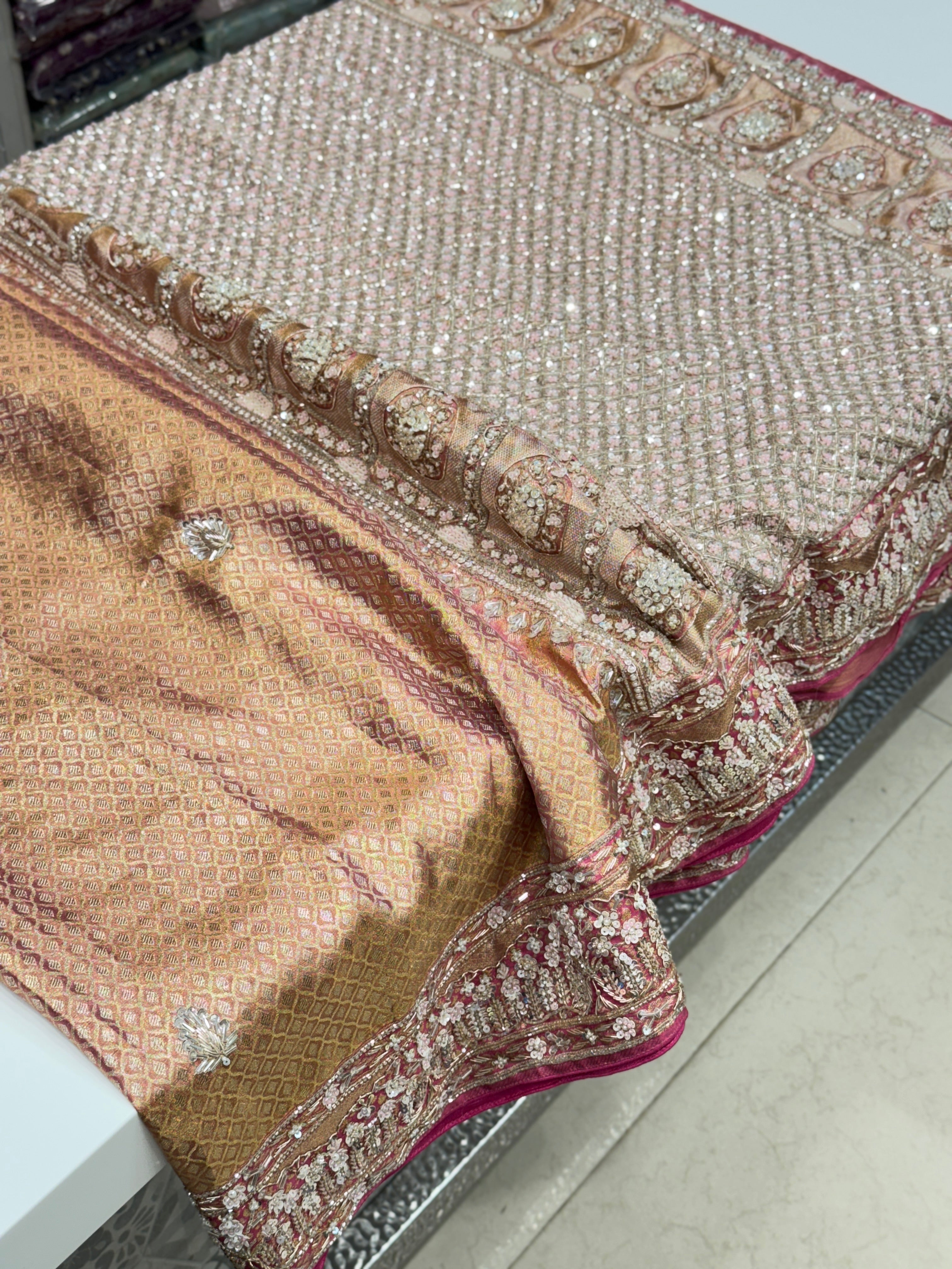 Pink Tissue Kanjivaram Hand Embroidery Saree