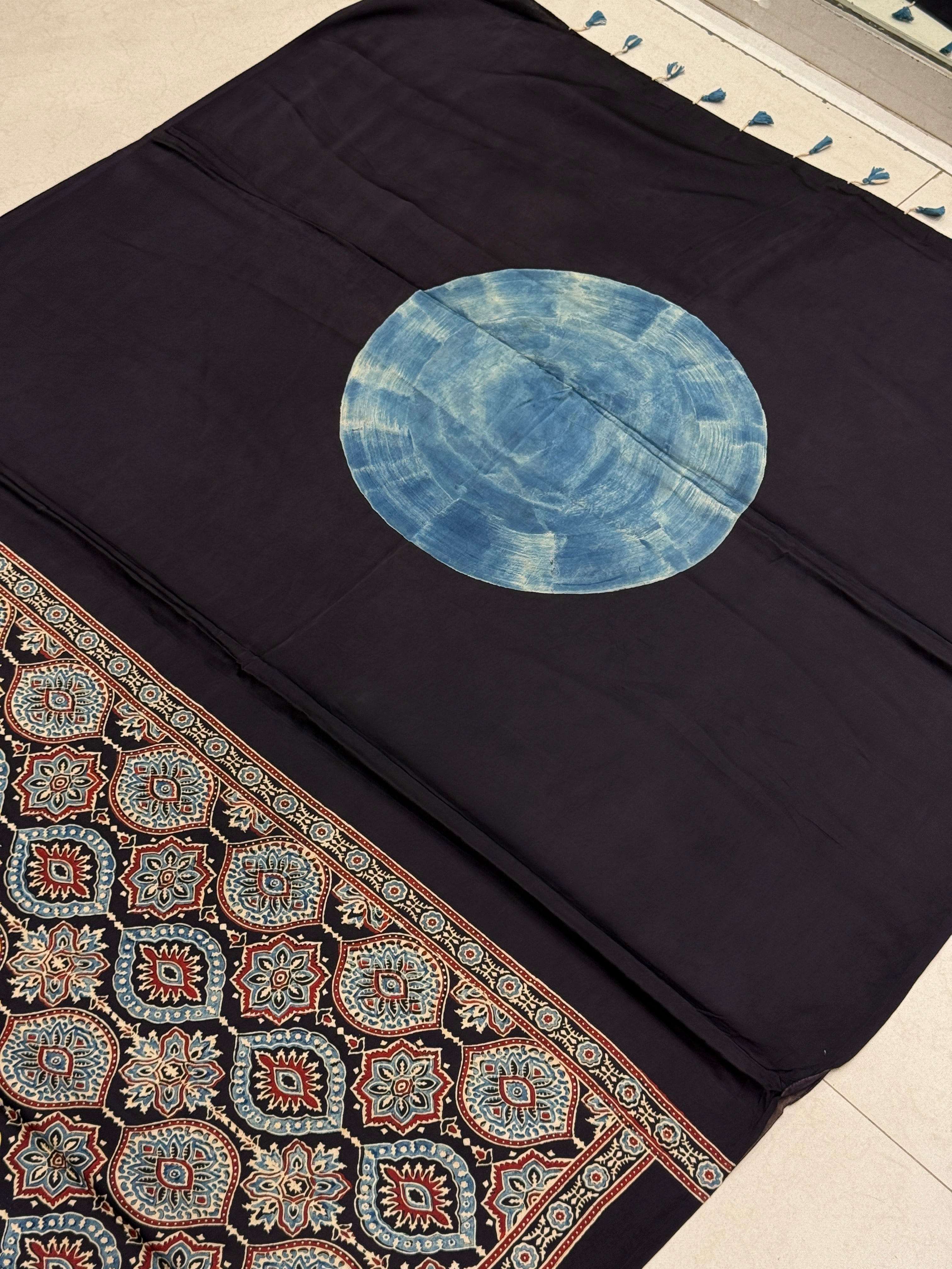 Blue Moon Pallu Ajrakh Modal Gajji Silk Saree