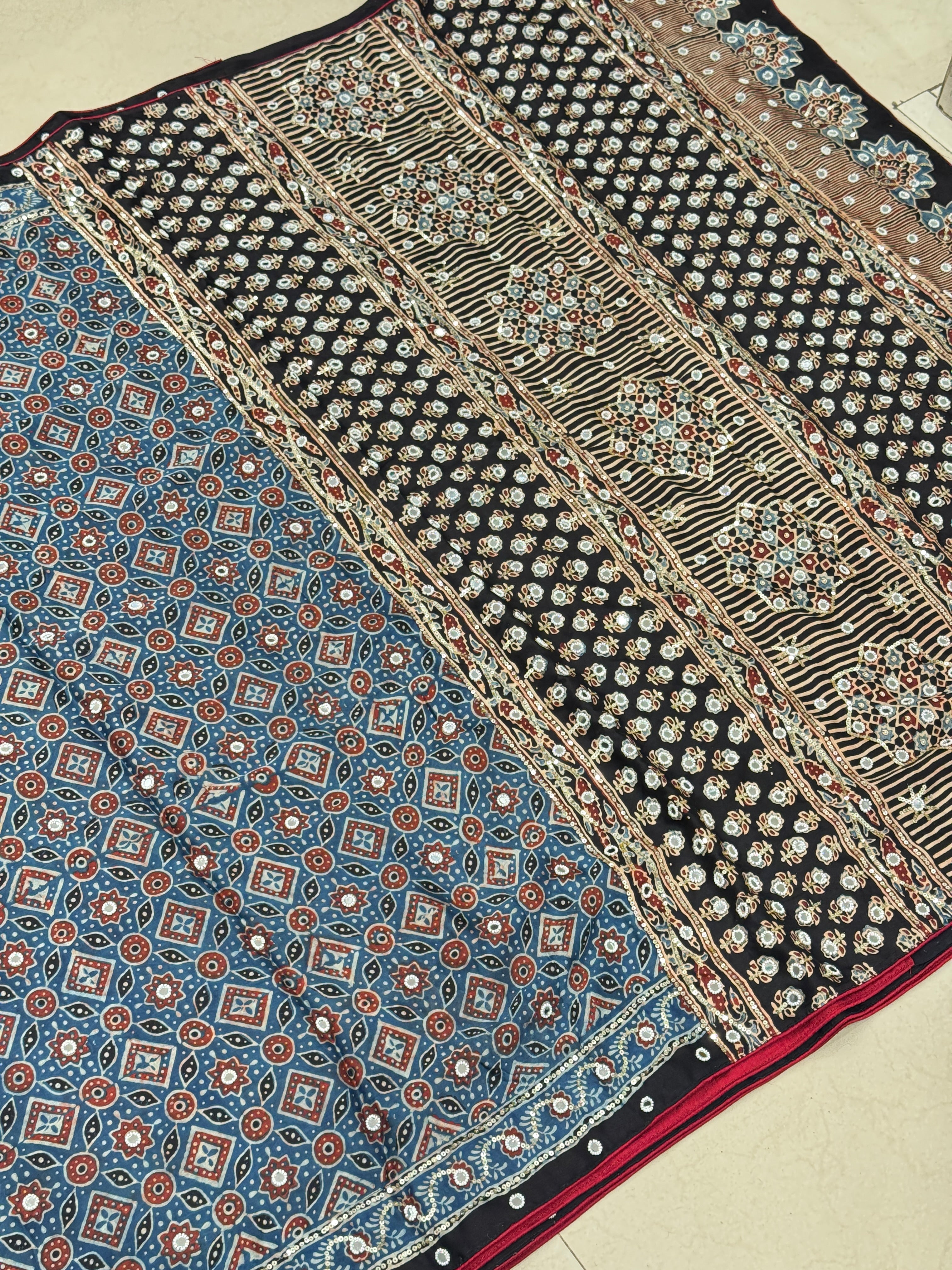 Blue Black Jaal Ajrakh Real Mirror Moti Sequin Hand Embroidery Saree