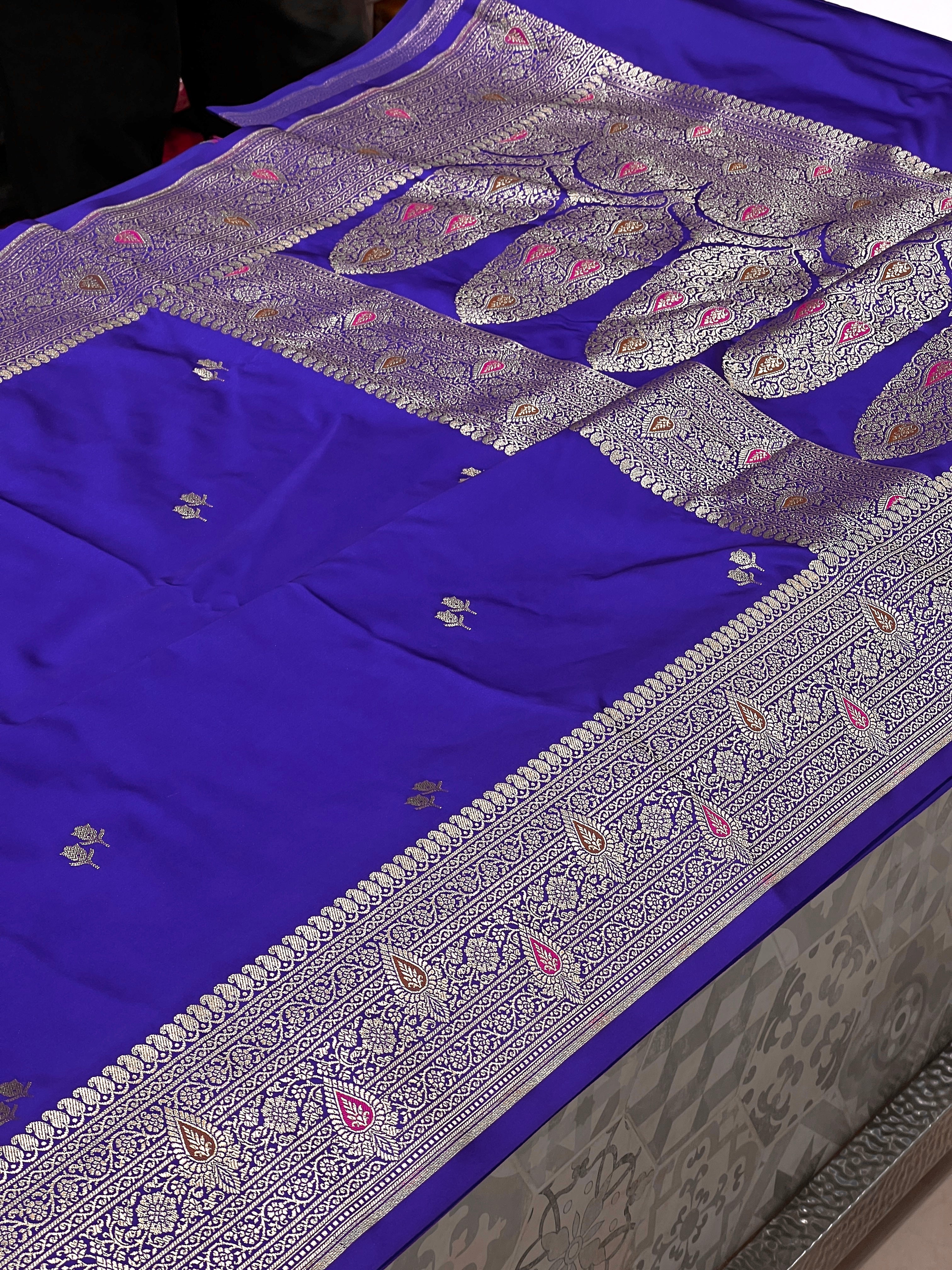 Ink Blue Banarasi Tulips Butti Meena Saree