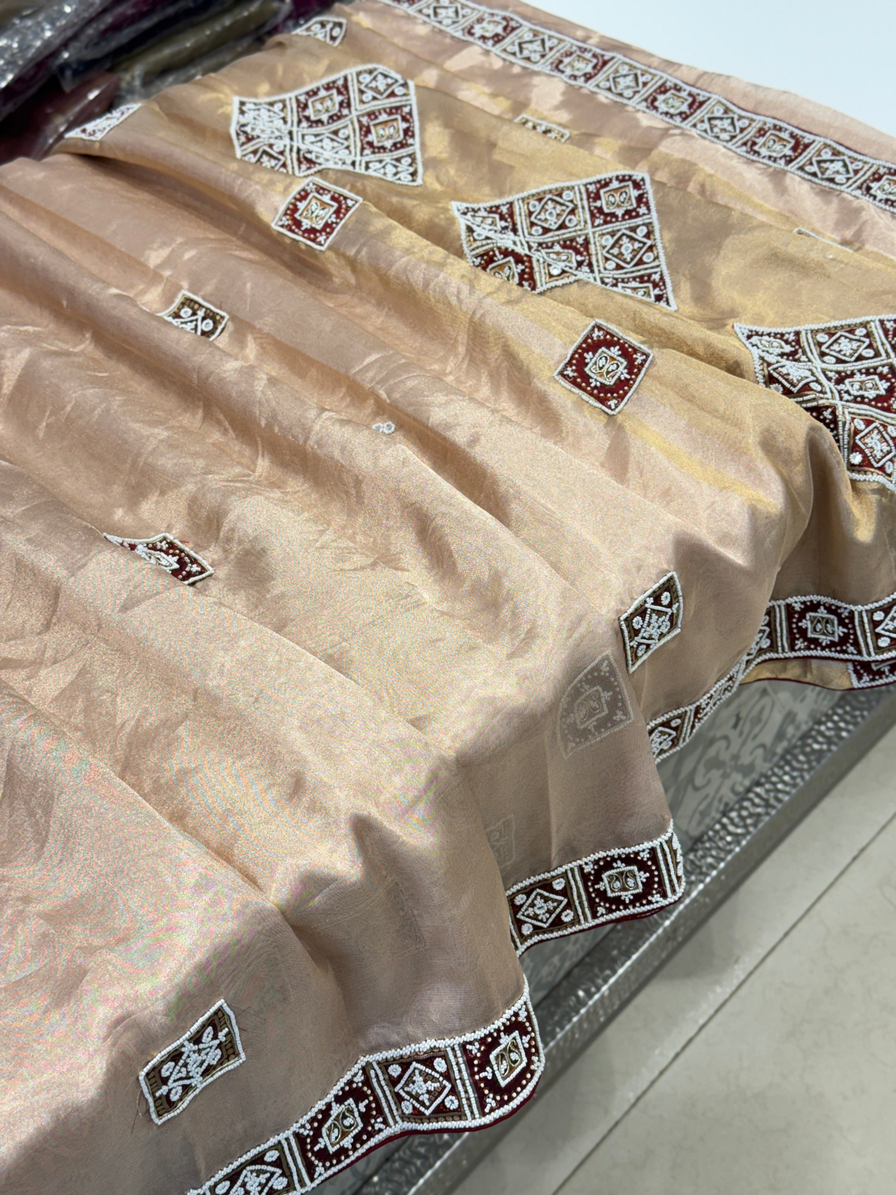 Pink Tissue with Patan Patola Kidiya Moti Hand Embroidery Saree