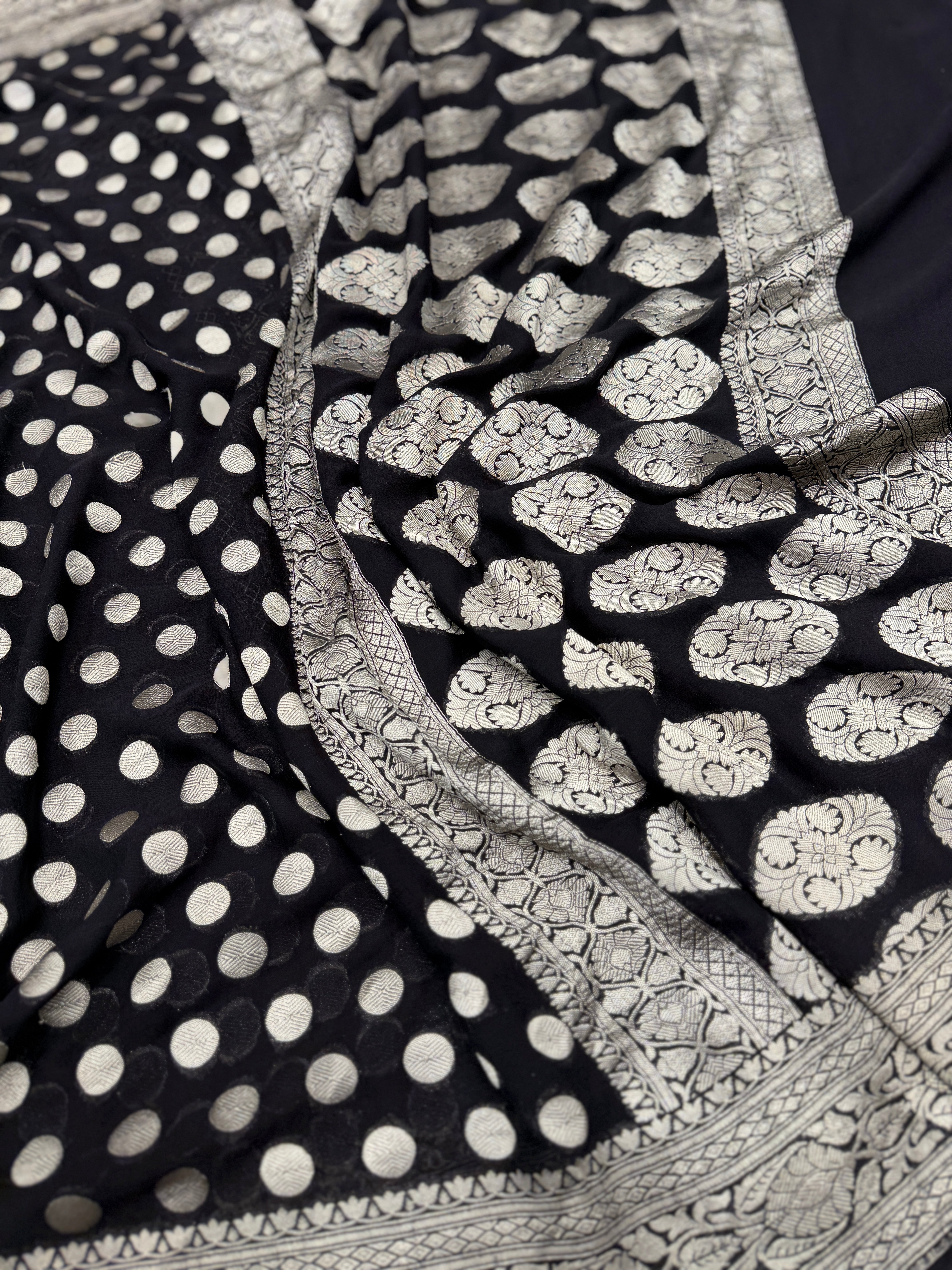 Black Dollar Buttis Handloom Banarasi Khaddi Georgette Saree