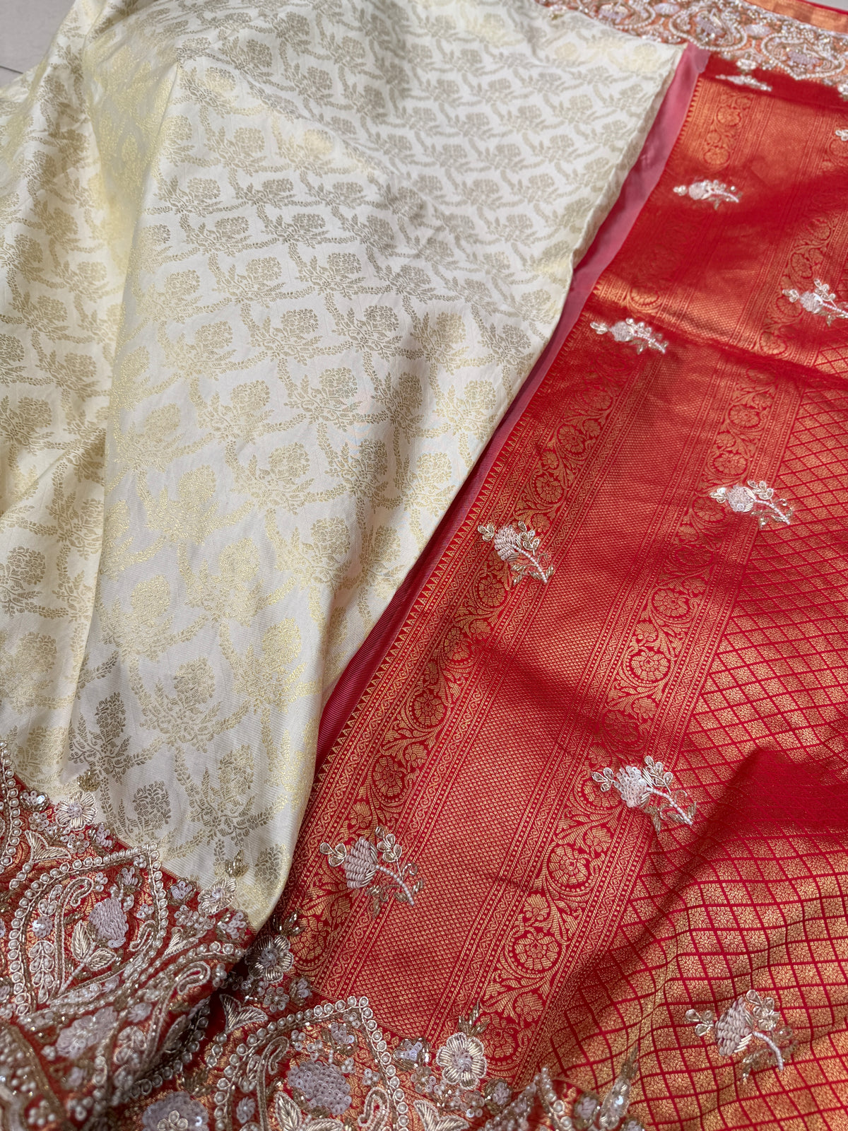 White Red Pure Silk Kanjivaram Moti Zardosi Hand Embroidery Saree