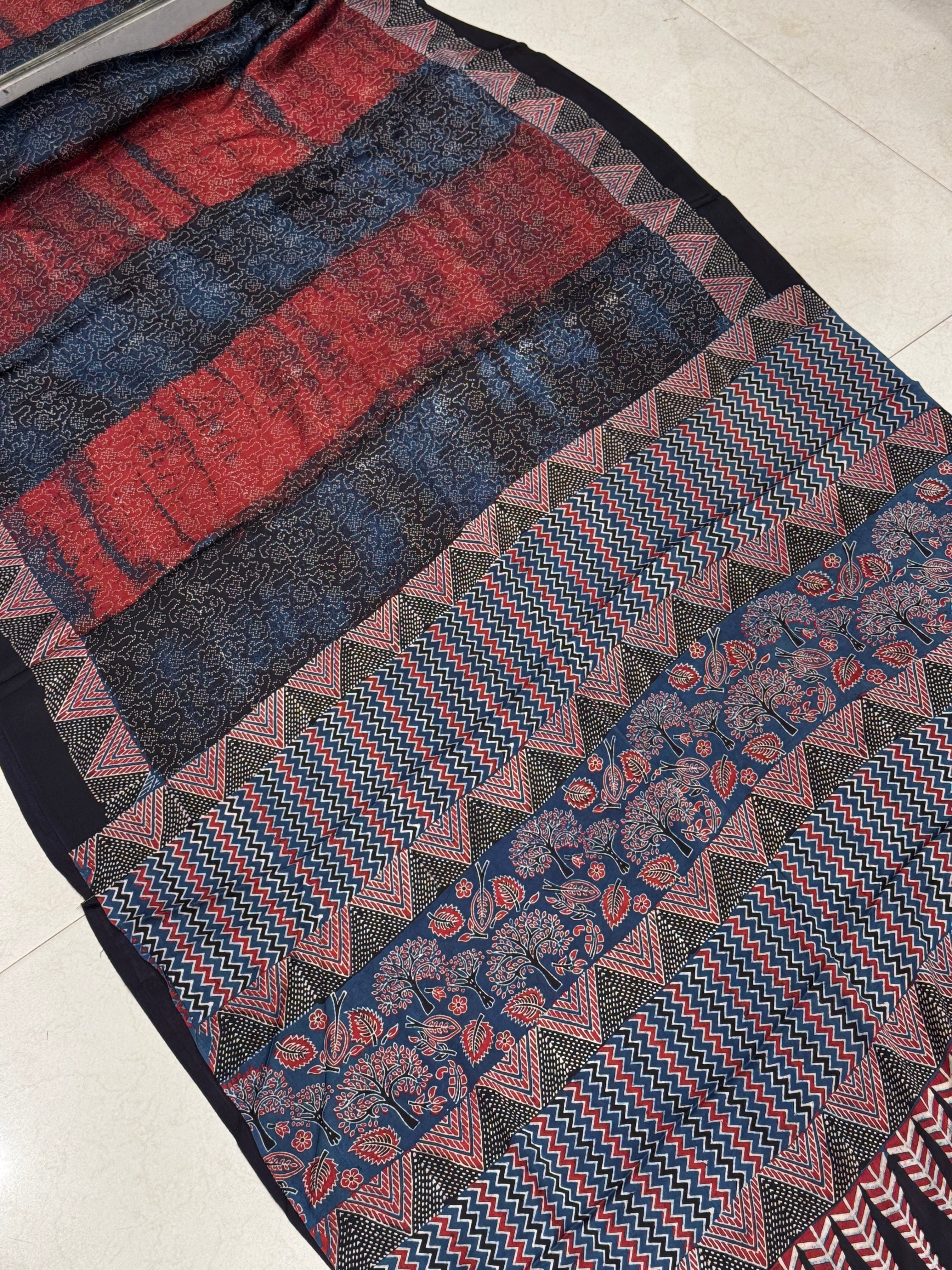 Red Contemporary Bandhej Style Hand Block Print Ajrkah Pure Gajji Silk Saree