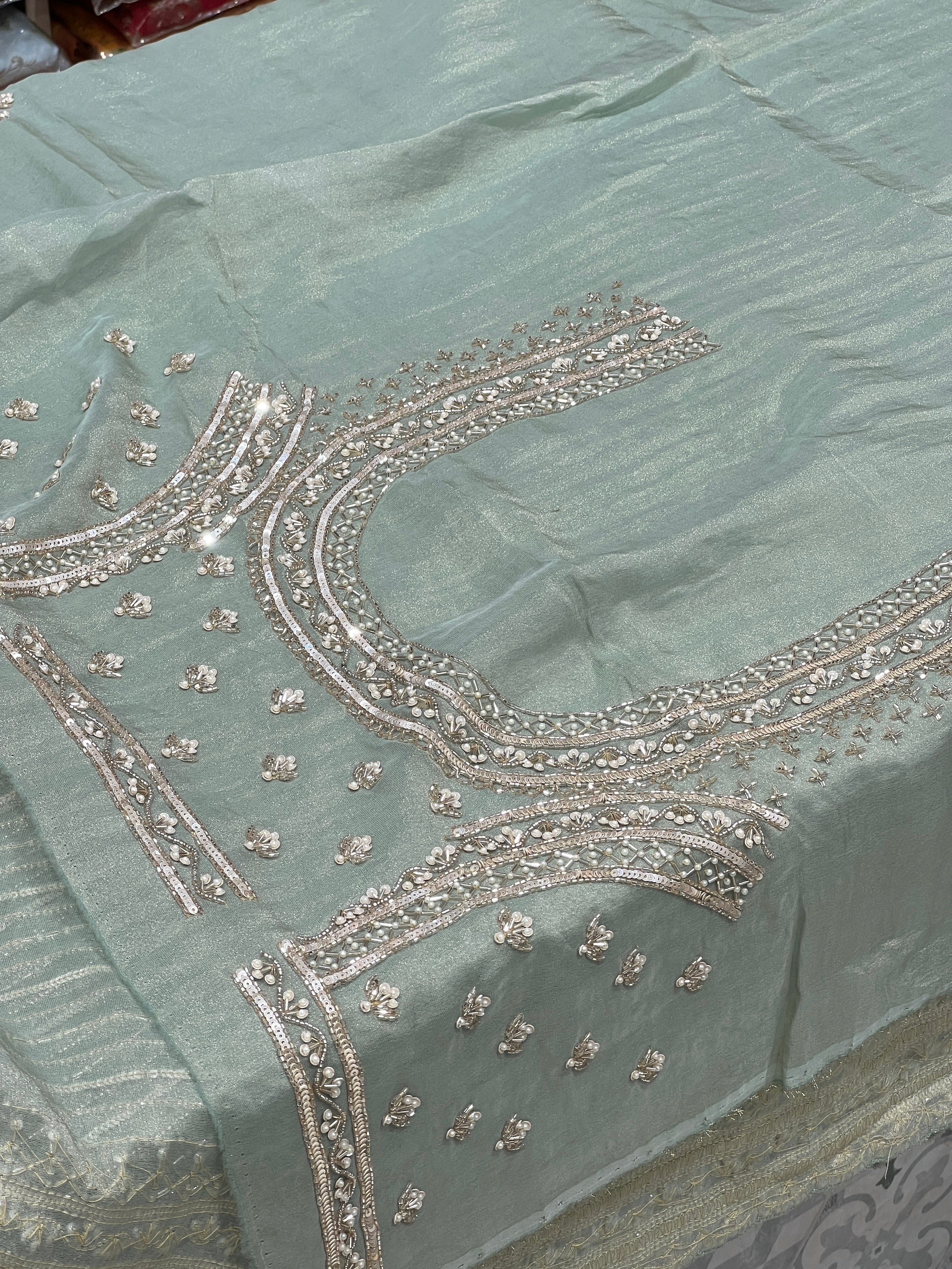 Green Crepe Tissue Moti Hand Embroidery Saree