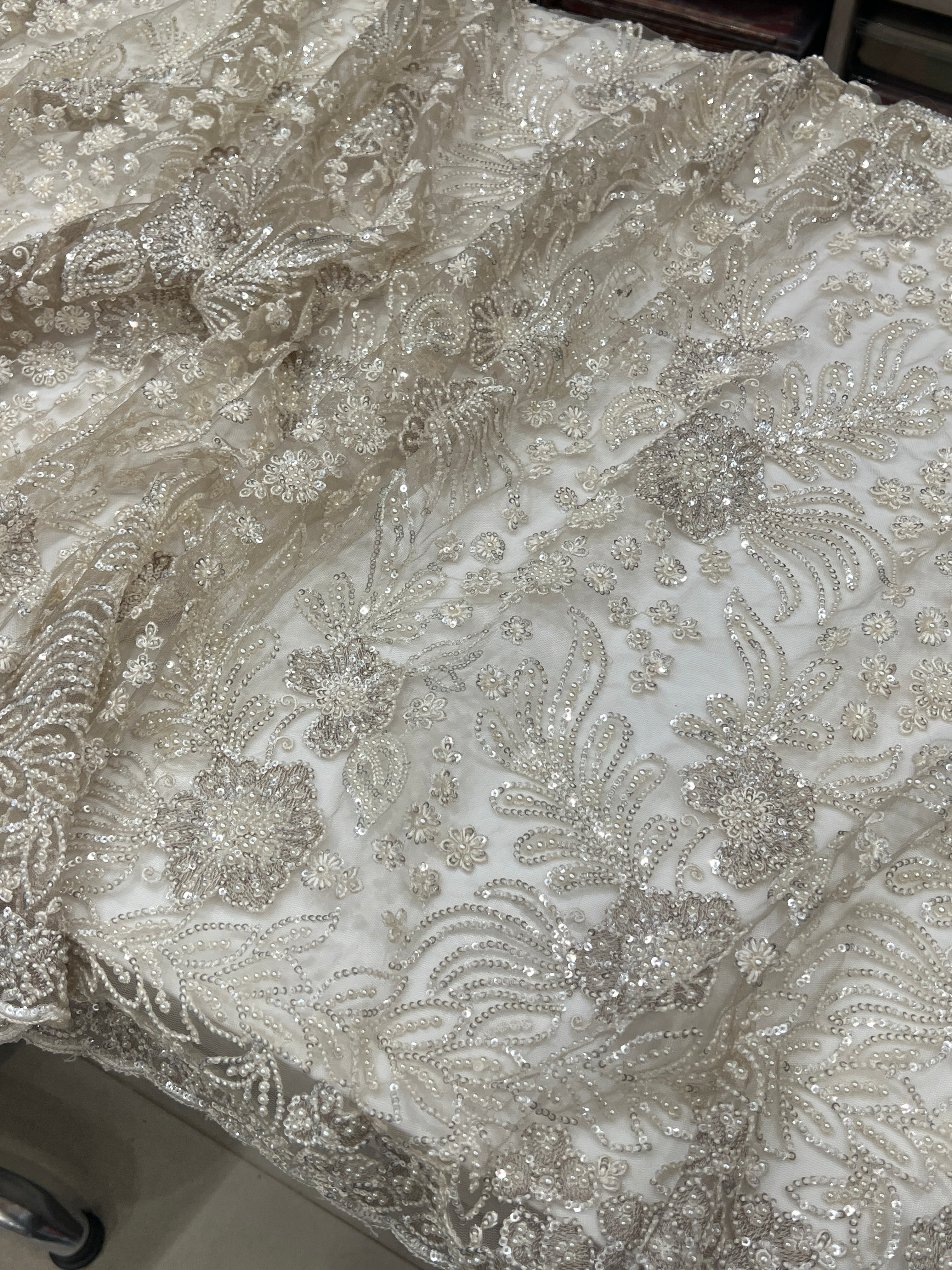 Champagne Resham Moti Jaal Net Embroidery Saree Heavy Blouse