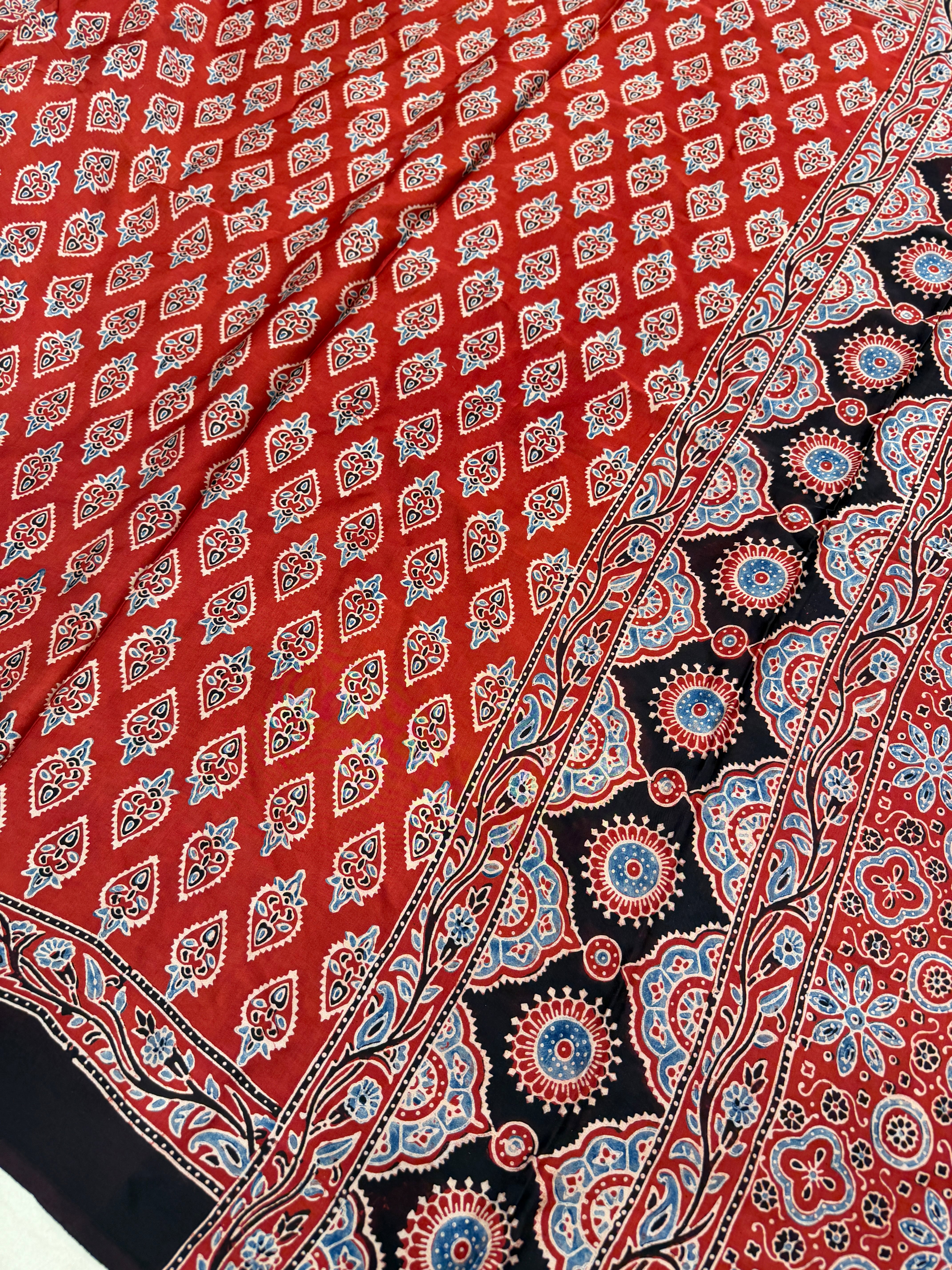 Red Keri Buttis Ajrakh Hand Block Print Pure Gajji Silk Saree