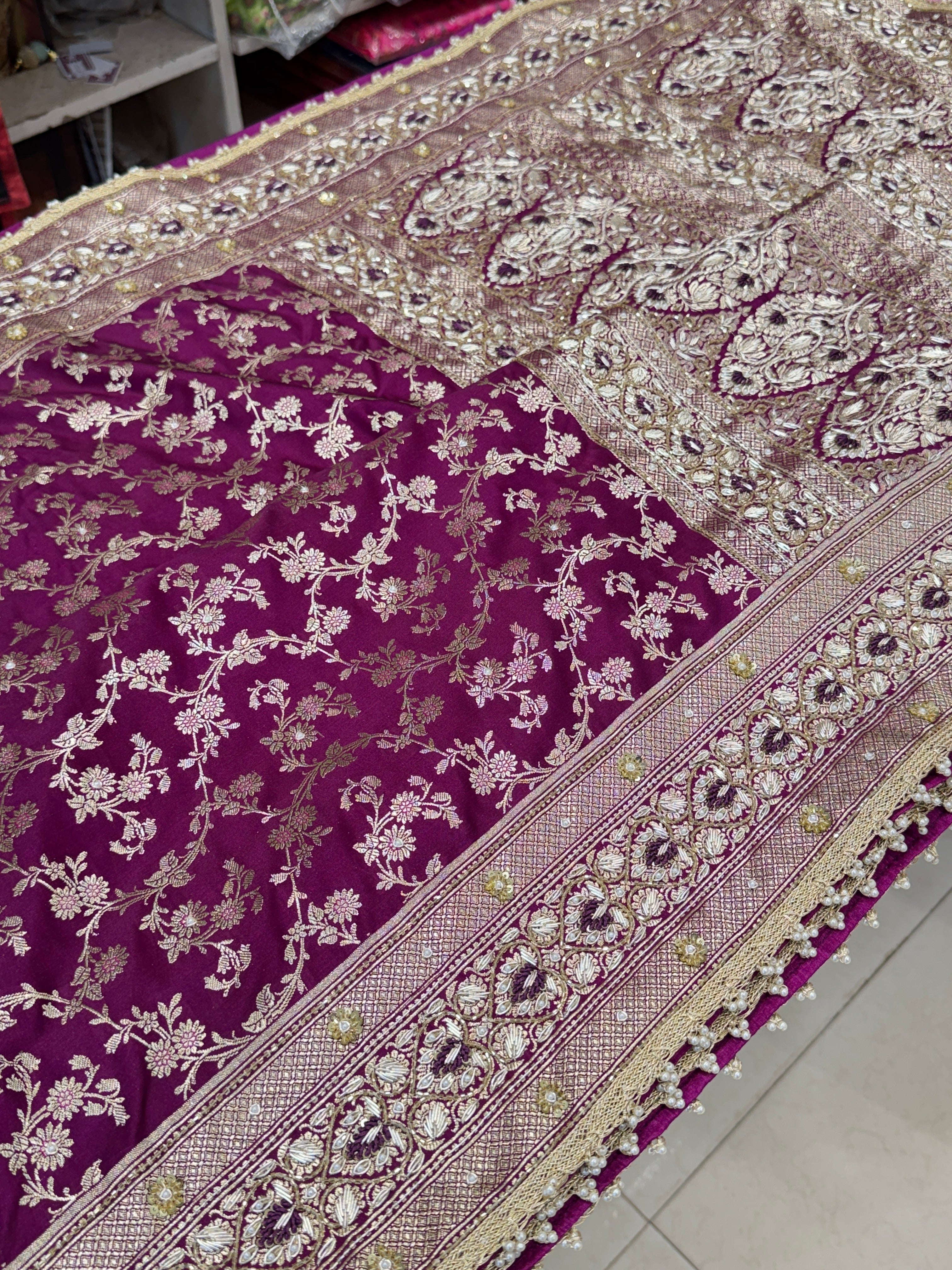 Wine Banarasi Zardosi Resham Embroidery Saree