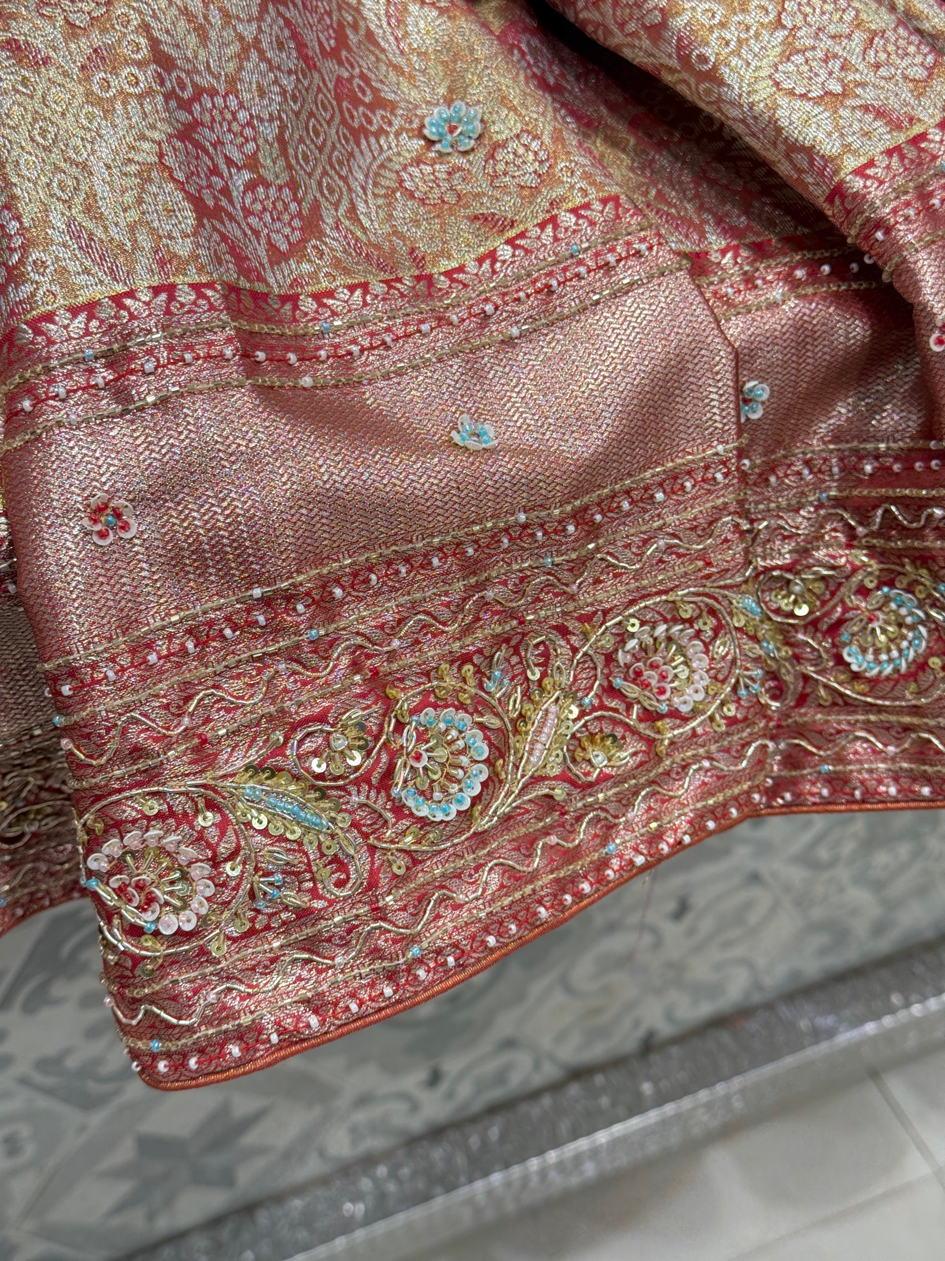 Golden Red Tissue Kanjivaram Hand Embroidery Saree