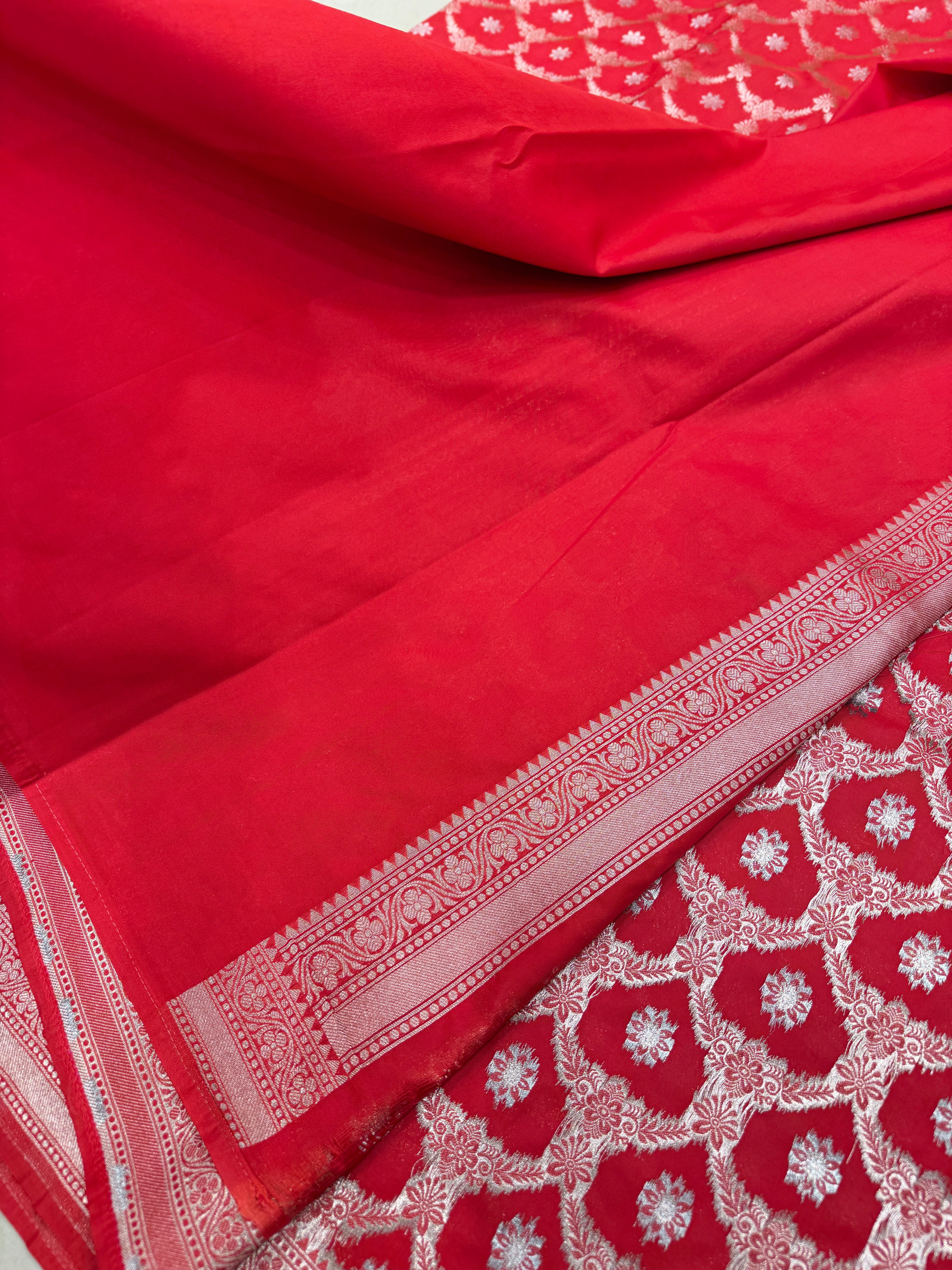 Red Silver Zari Banarasi Silk Jaal Saree