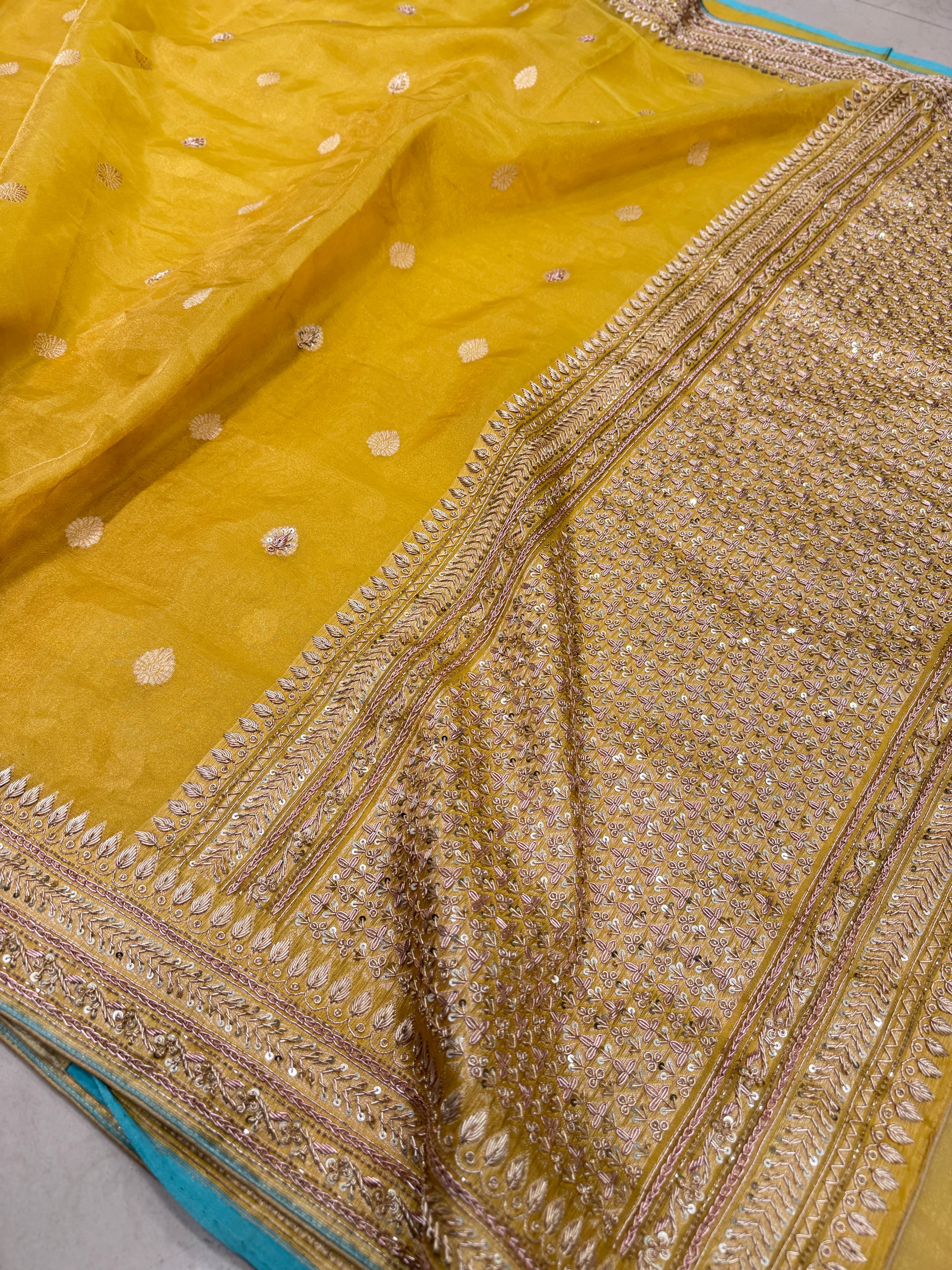 Yellow Banarasi Tissue Handloom Kadwa Weave Zardosi Embroidery Saree