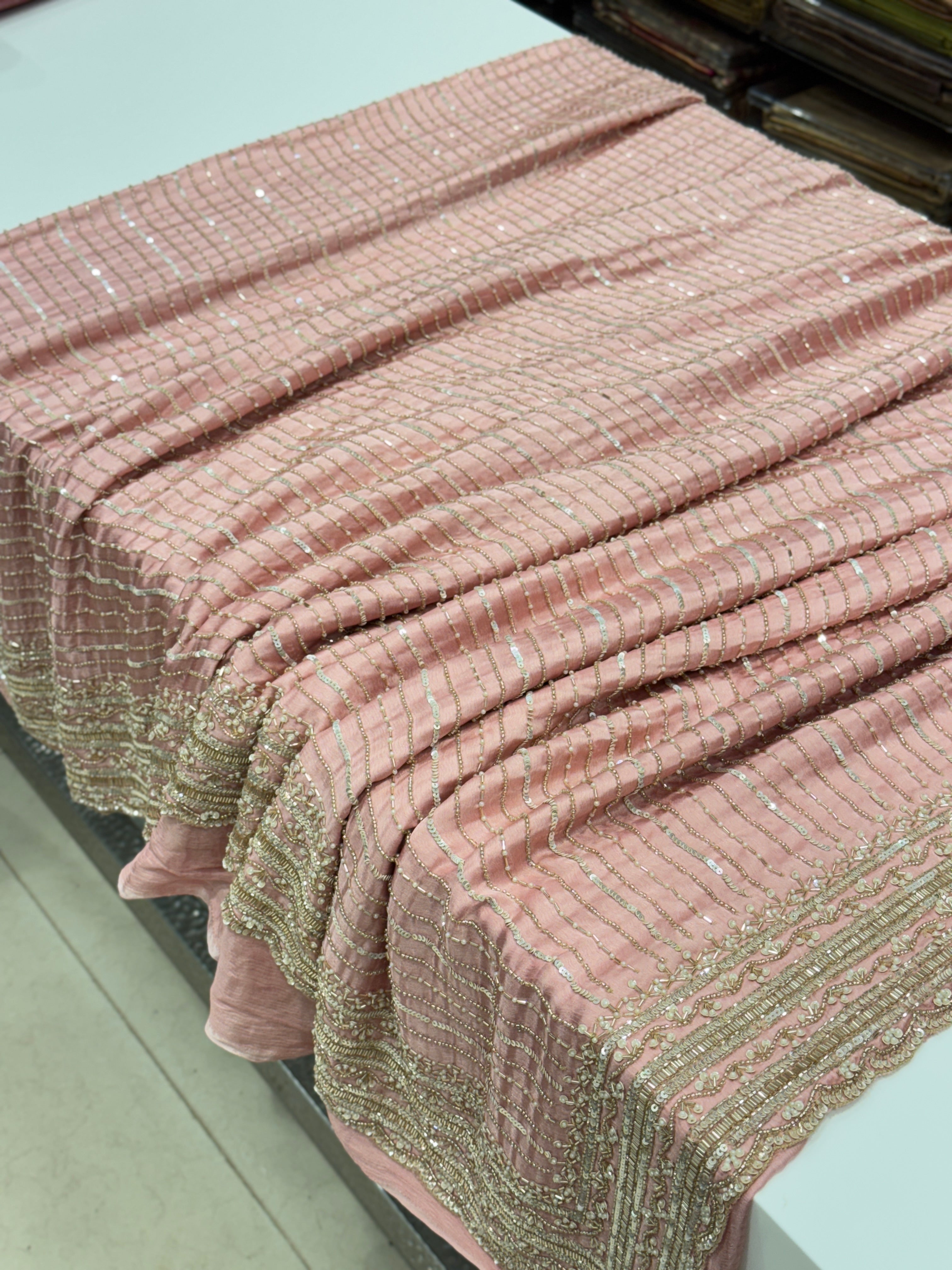 Light Pink Satin Moti Hand Embroidery Saree