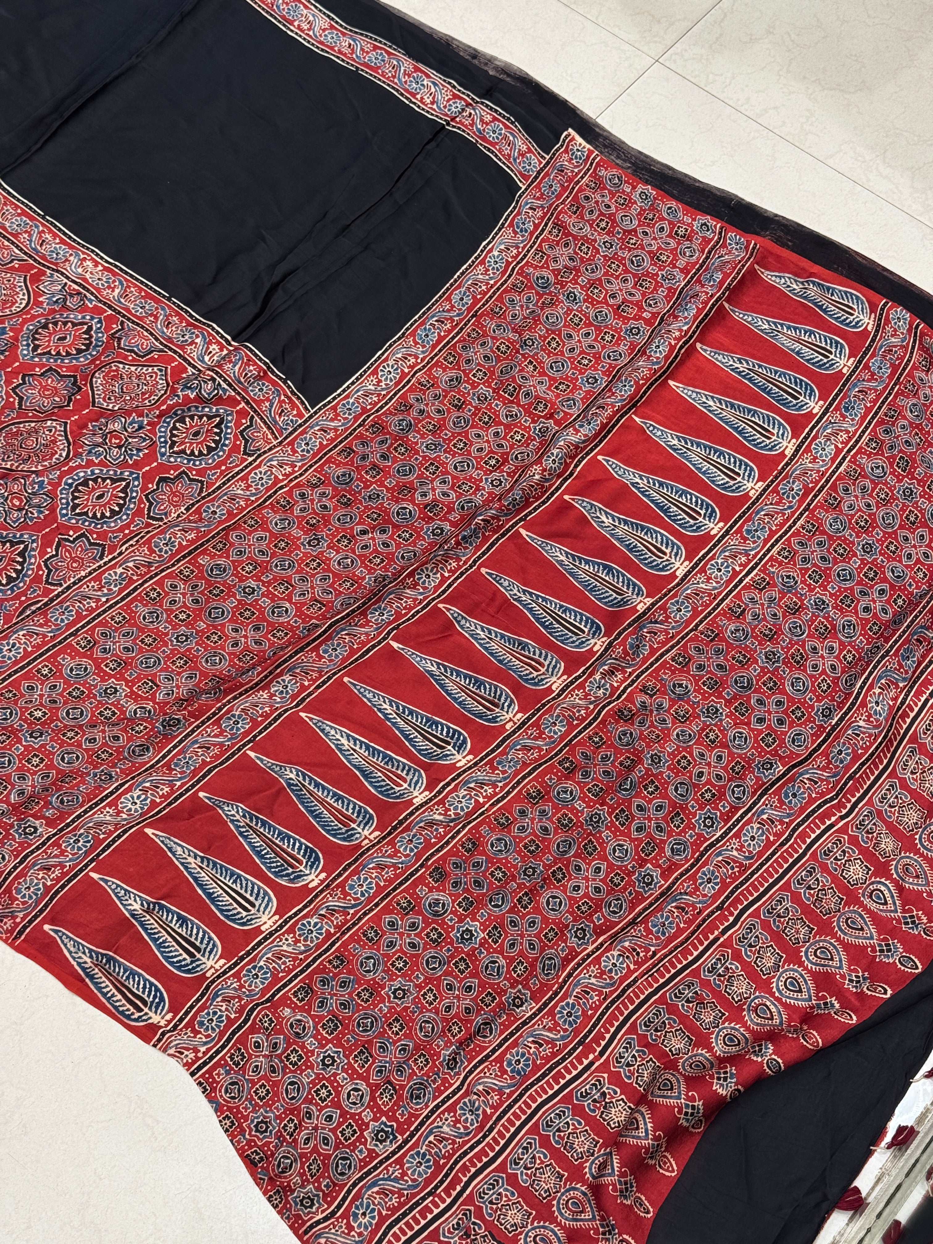 Red Half Contemporary Ajrakh Hand Block Print Pure Gajji Silk Saree