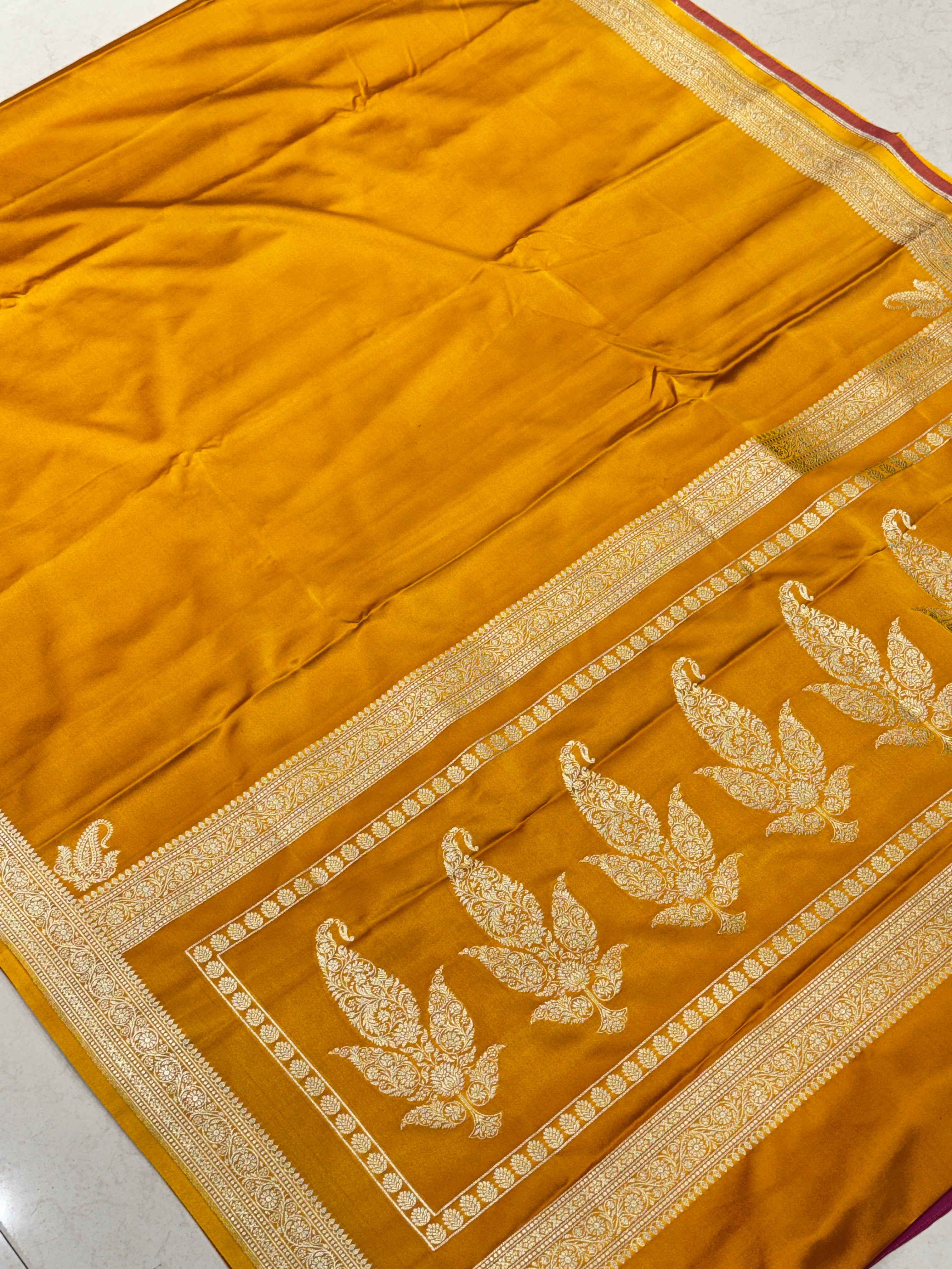 Mustard Yellow Banarasi Silk Plain Small Border Saree