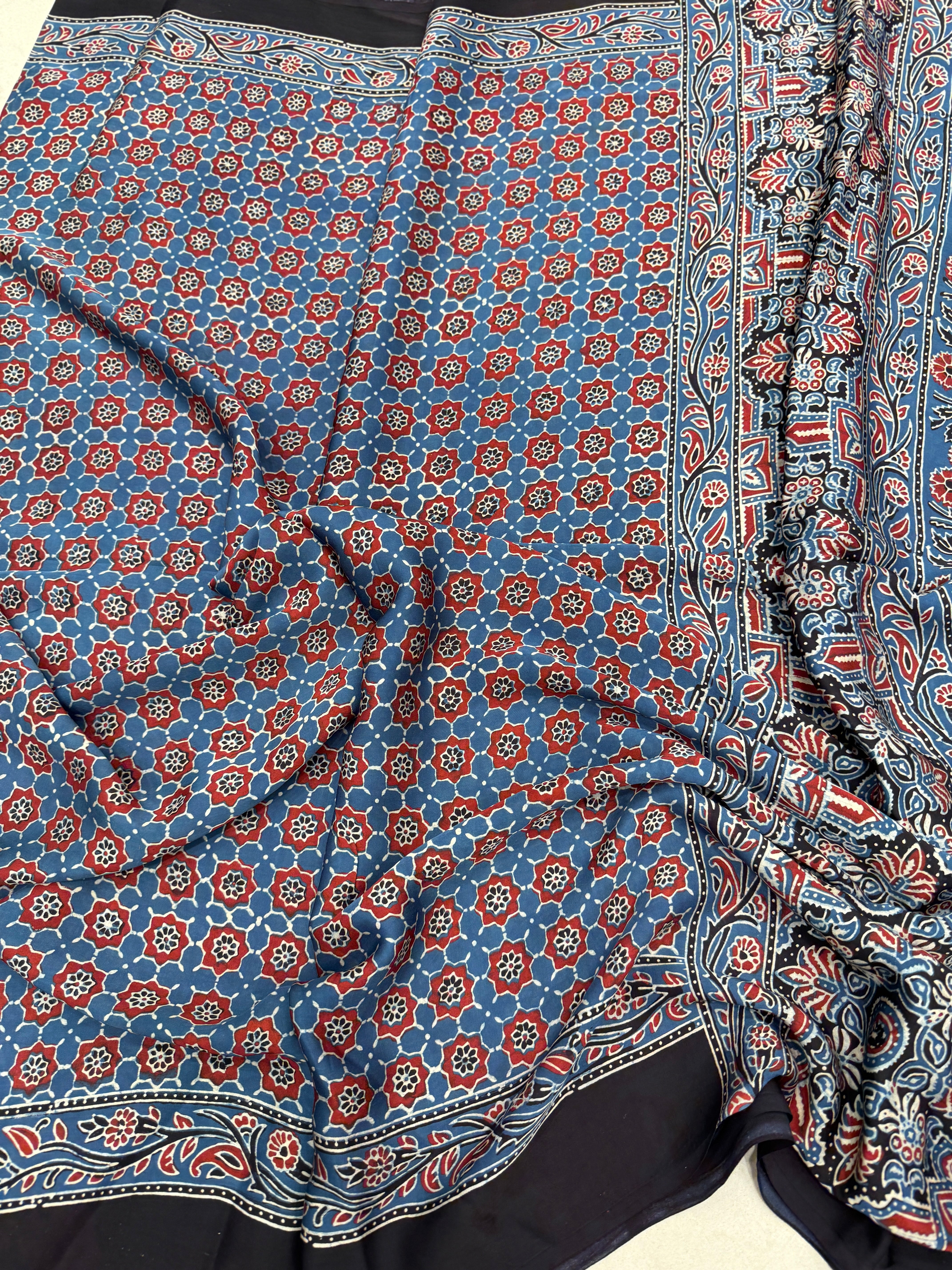 Blue Red Modal Gajji Silk Ajrakh Saree