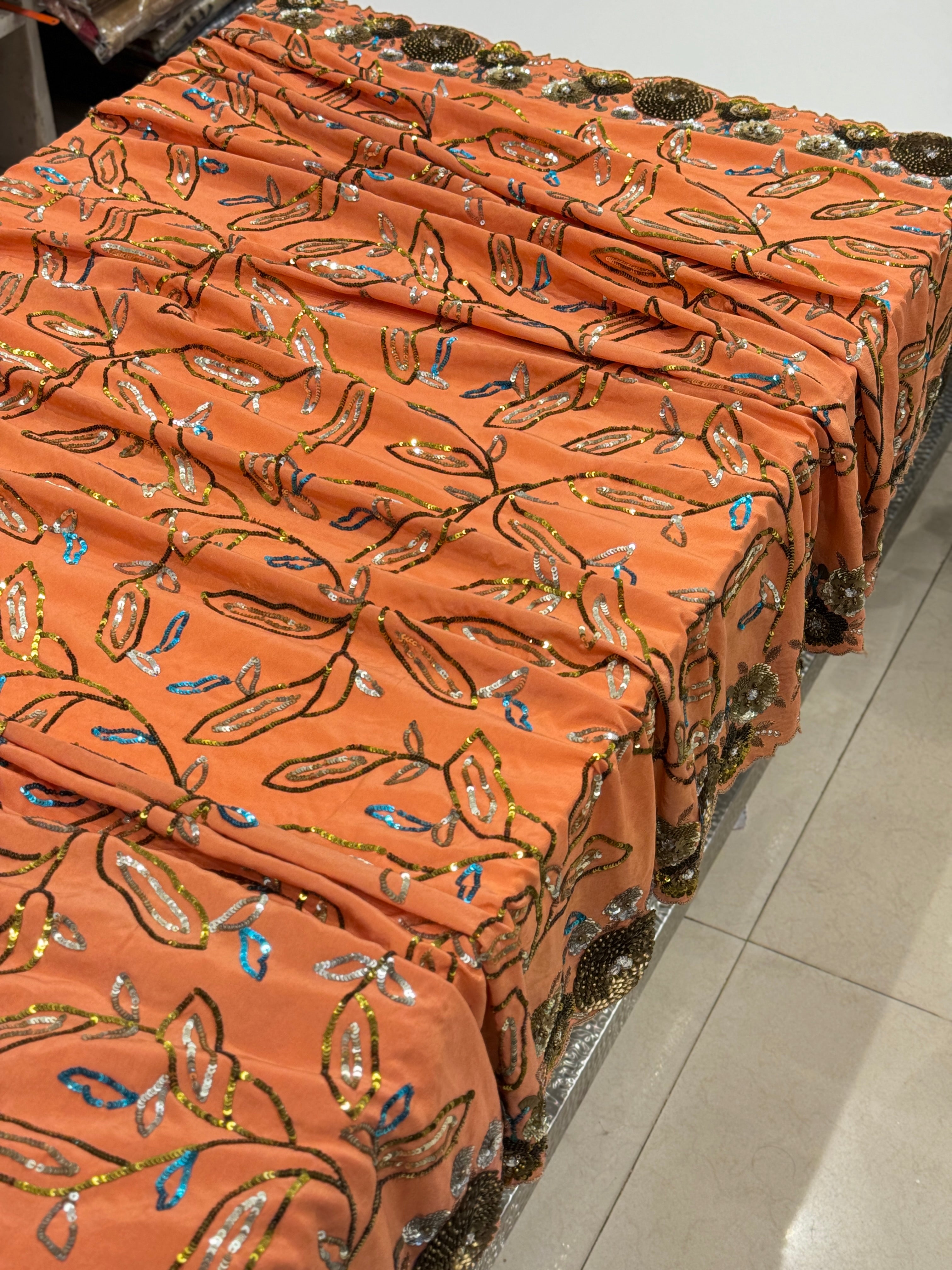 Orange Pure Crepe Hand Embroidery Saree