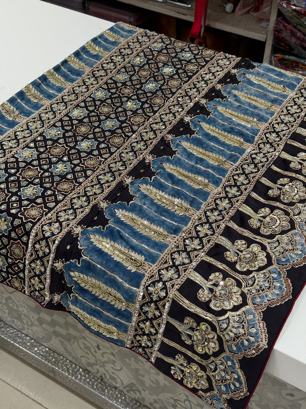 Black Buttas Pita Zardosi Sequin Ajrakh Hand Embroidery Saree