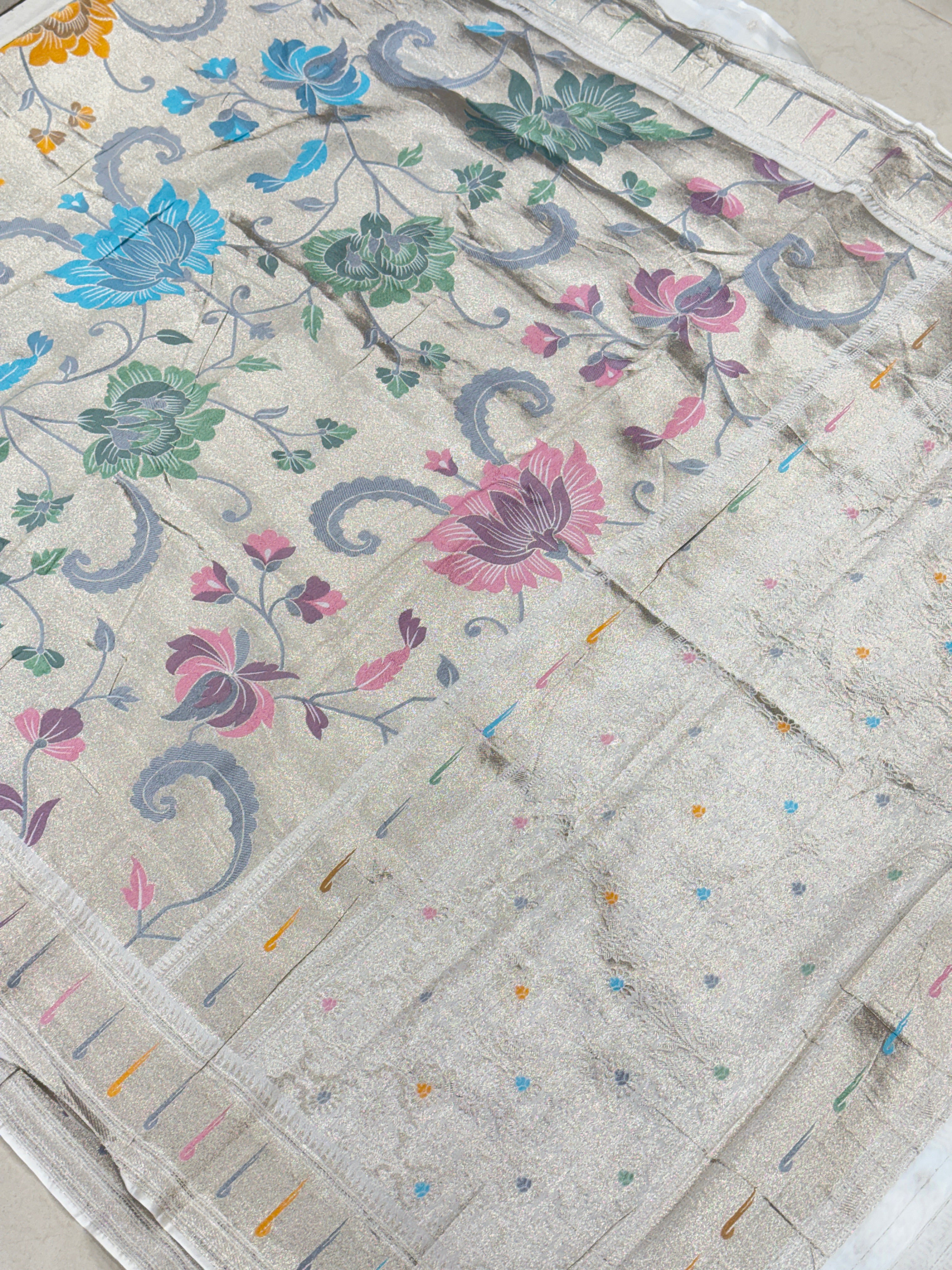 Silver Meenakari Muniya Tissue Munga Banarasi Paithani Saree