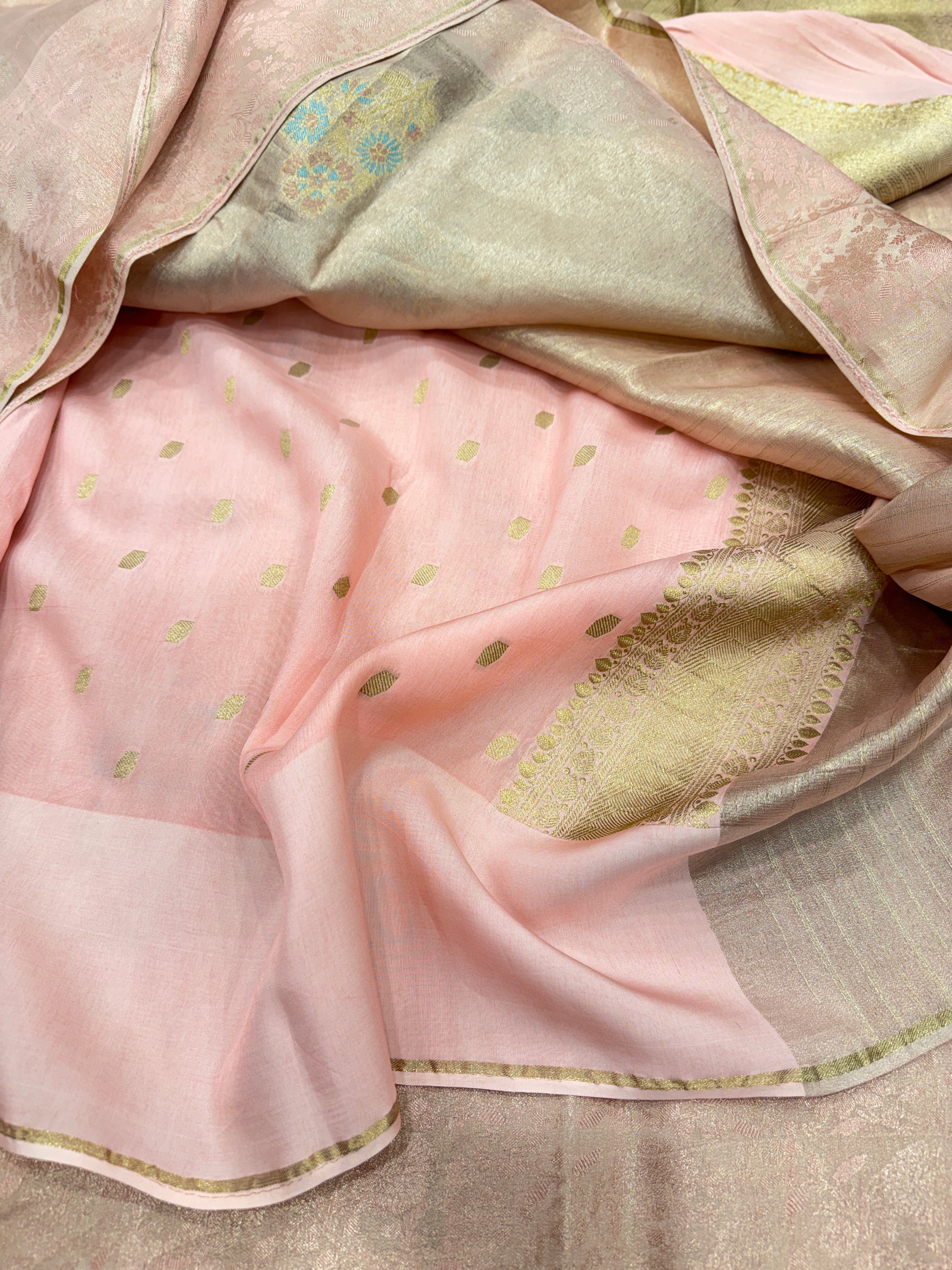 Pink Meenakari Tissue Buttas Banarasi Saree