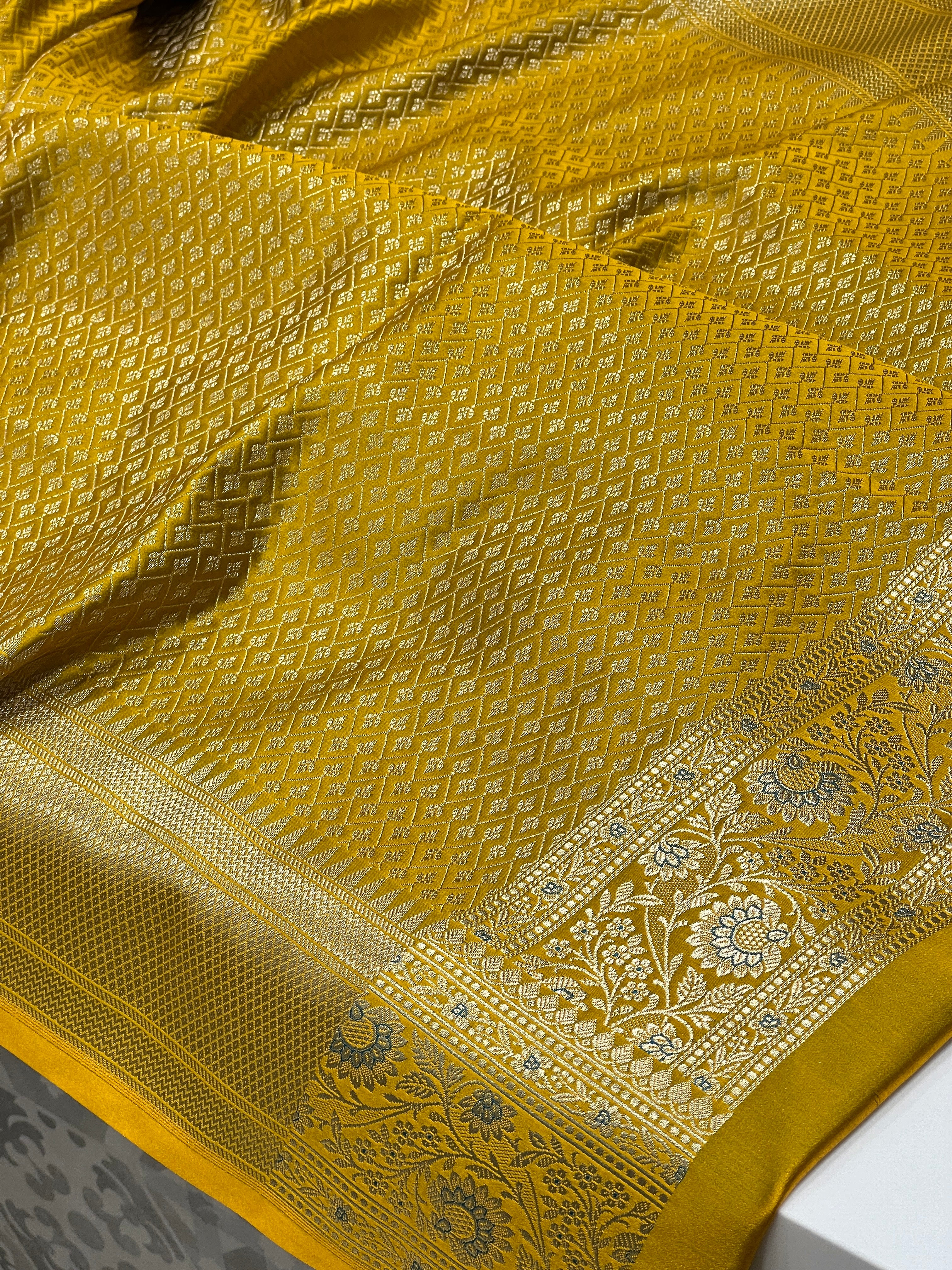 Greenish Yellow Banarasi Upside Down Border Saree