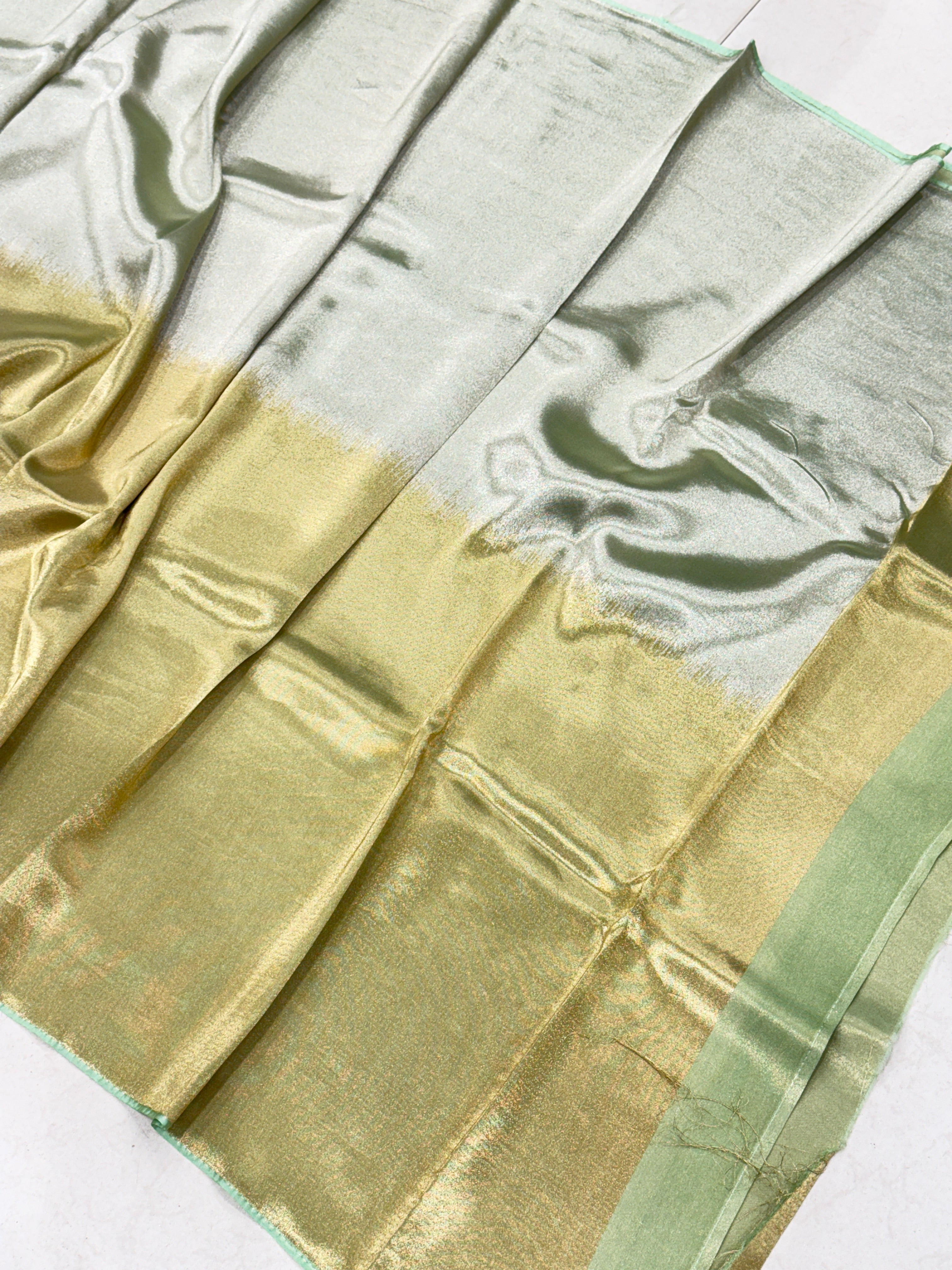 Pista Green Gold Silver Half Half Contemporary Banarasi Tissue Silk Saree