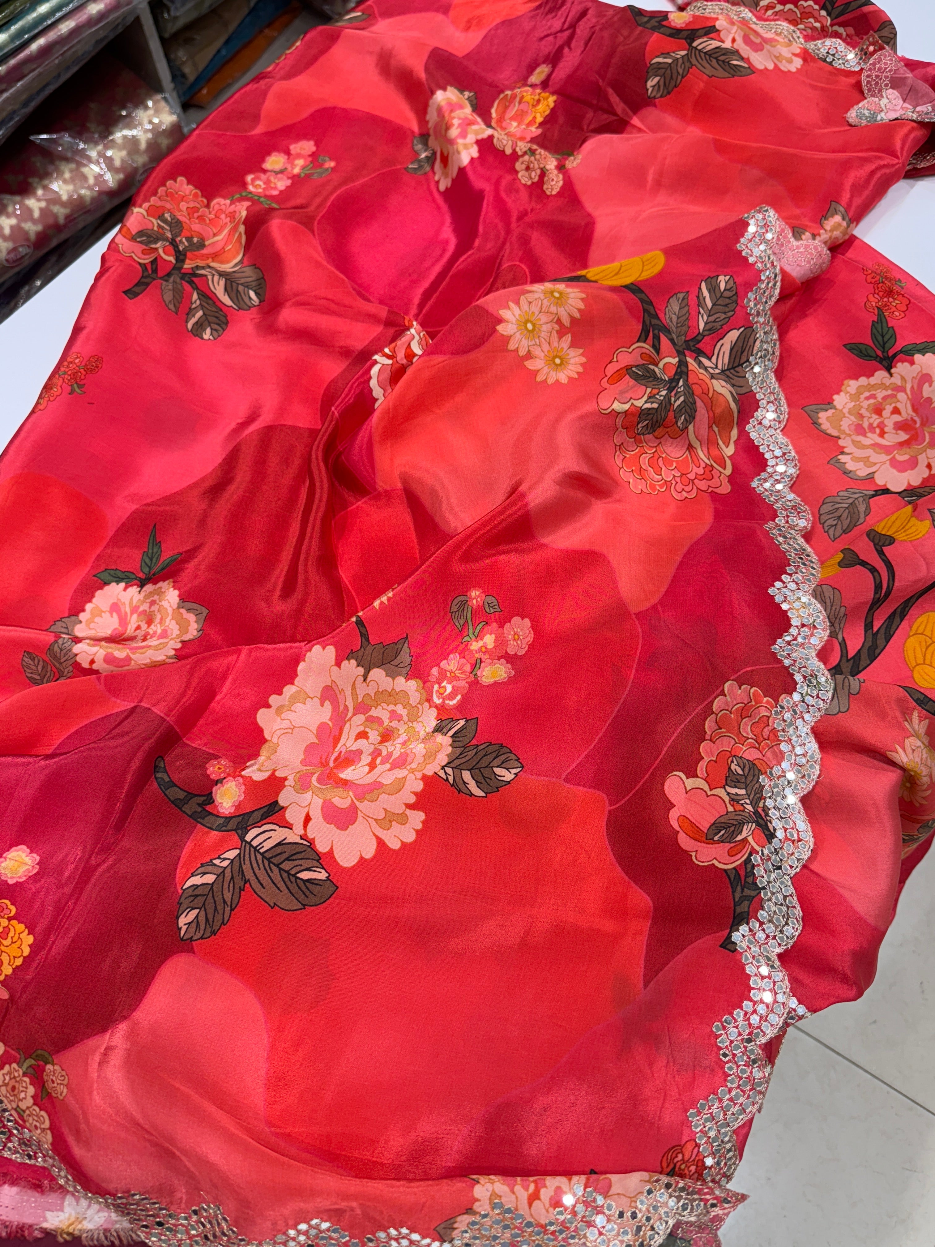 Red Floral Muslin Printed Saree