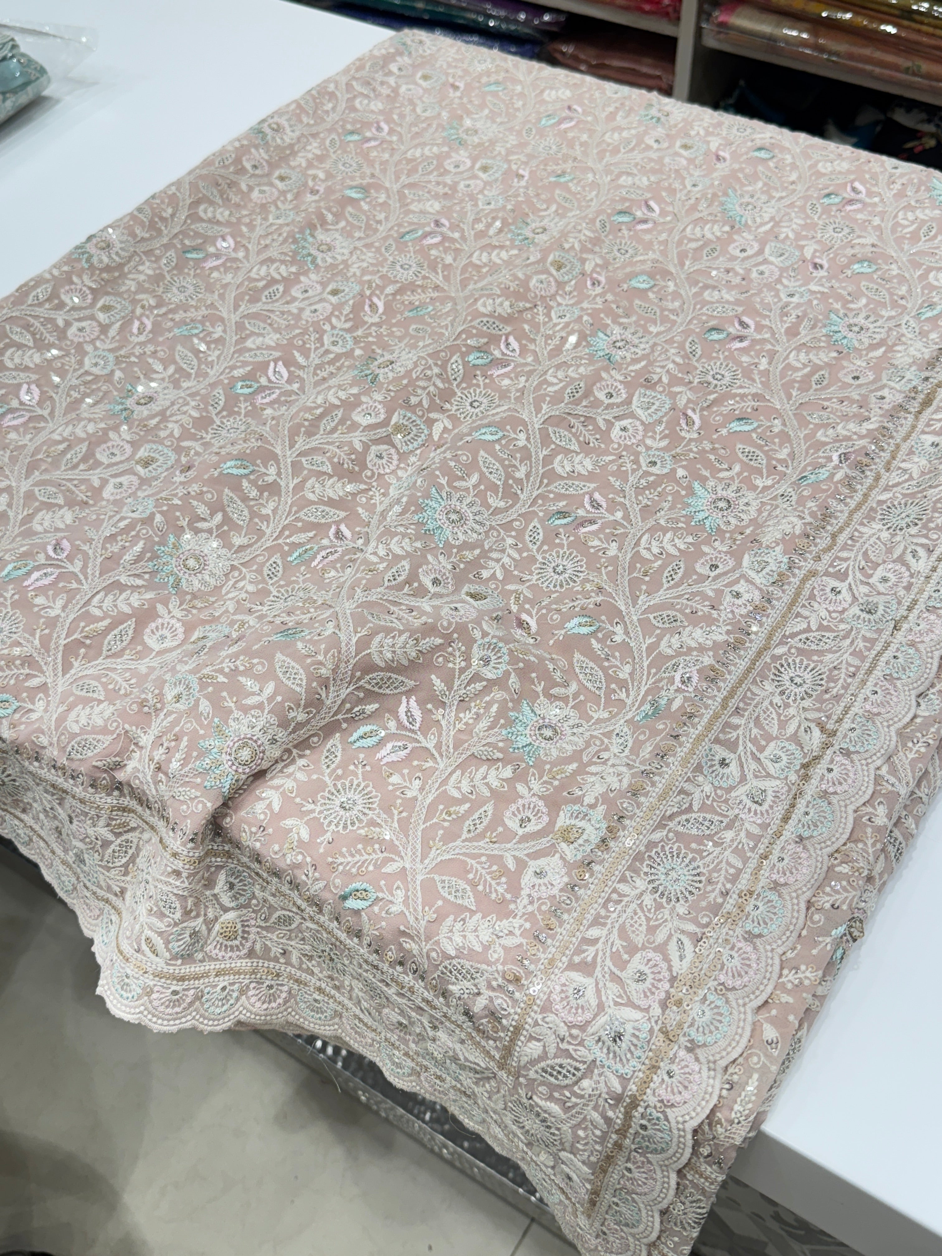 Nude Pink Meenakari Chikankari Scallop Design Saree