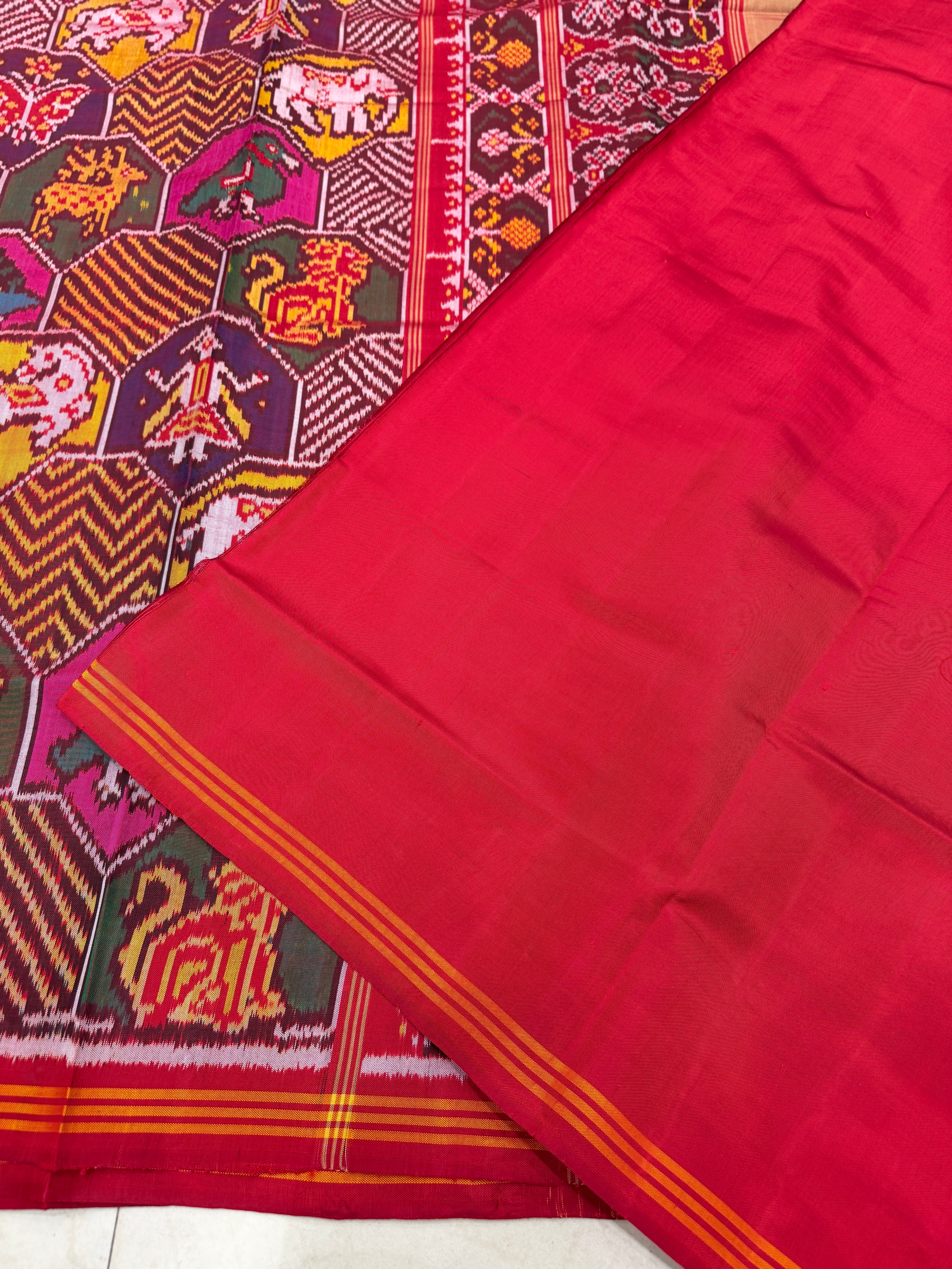 Rani Contemporary Elephant Motifs Pure Silk Handloom Patola Saree