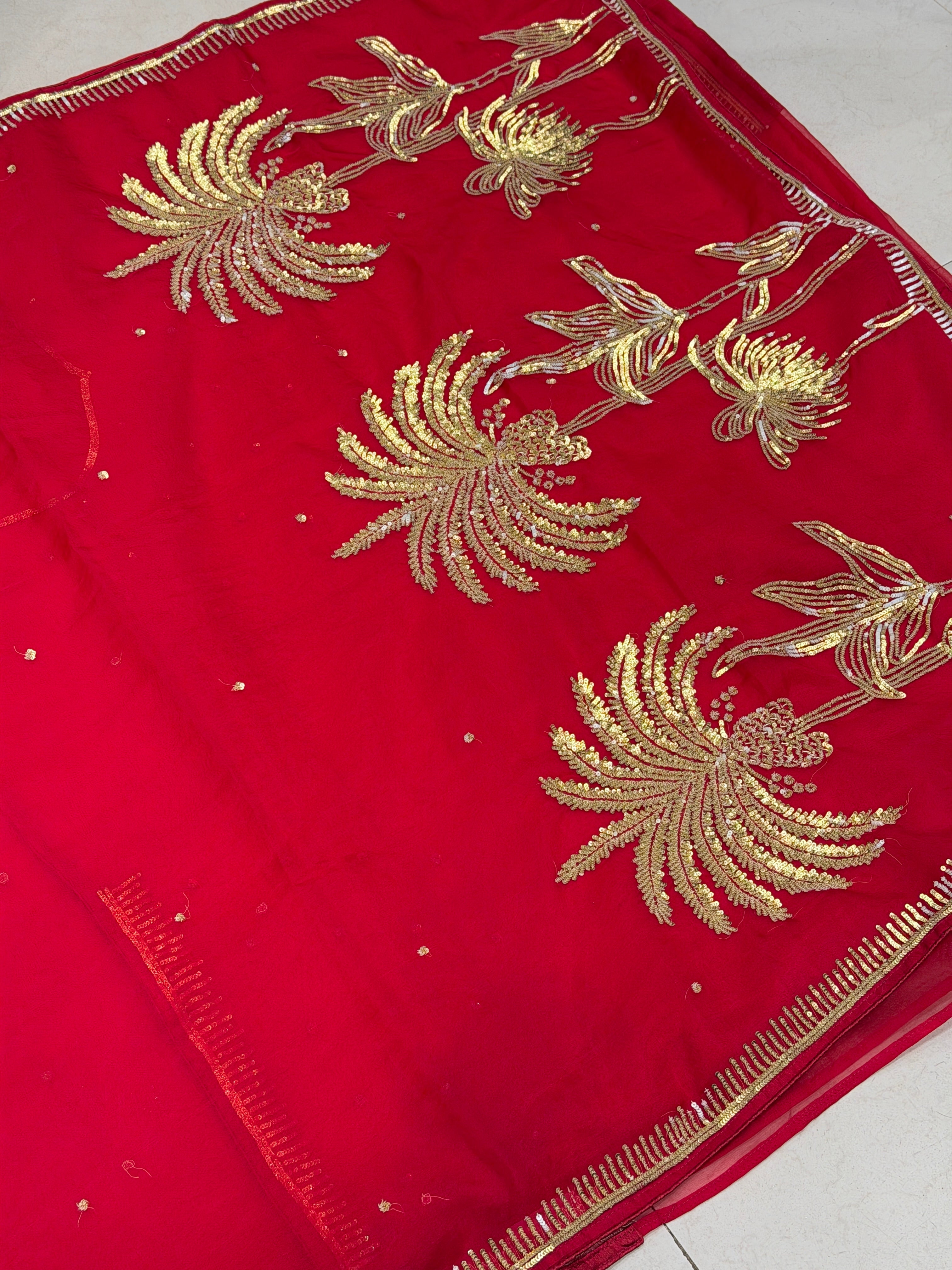 Red Raw Mango Inspired Organza Palm Tree Saree