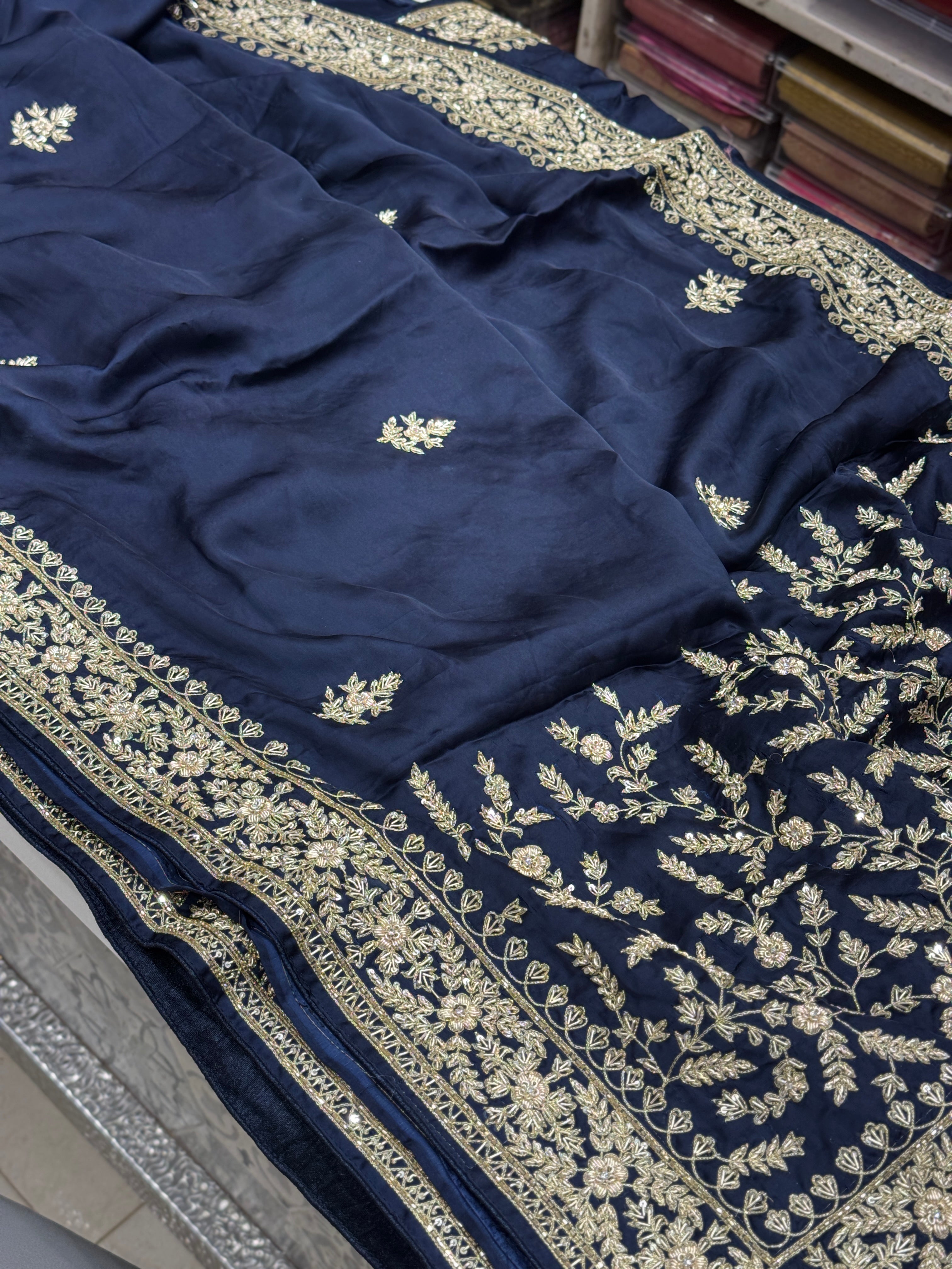 Blue Border Pan Butti Satin Hand Embroidered Zardosi Saree