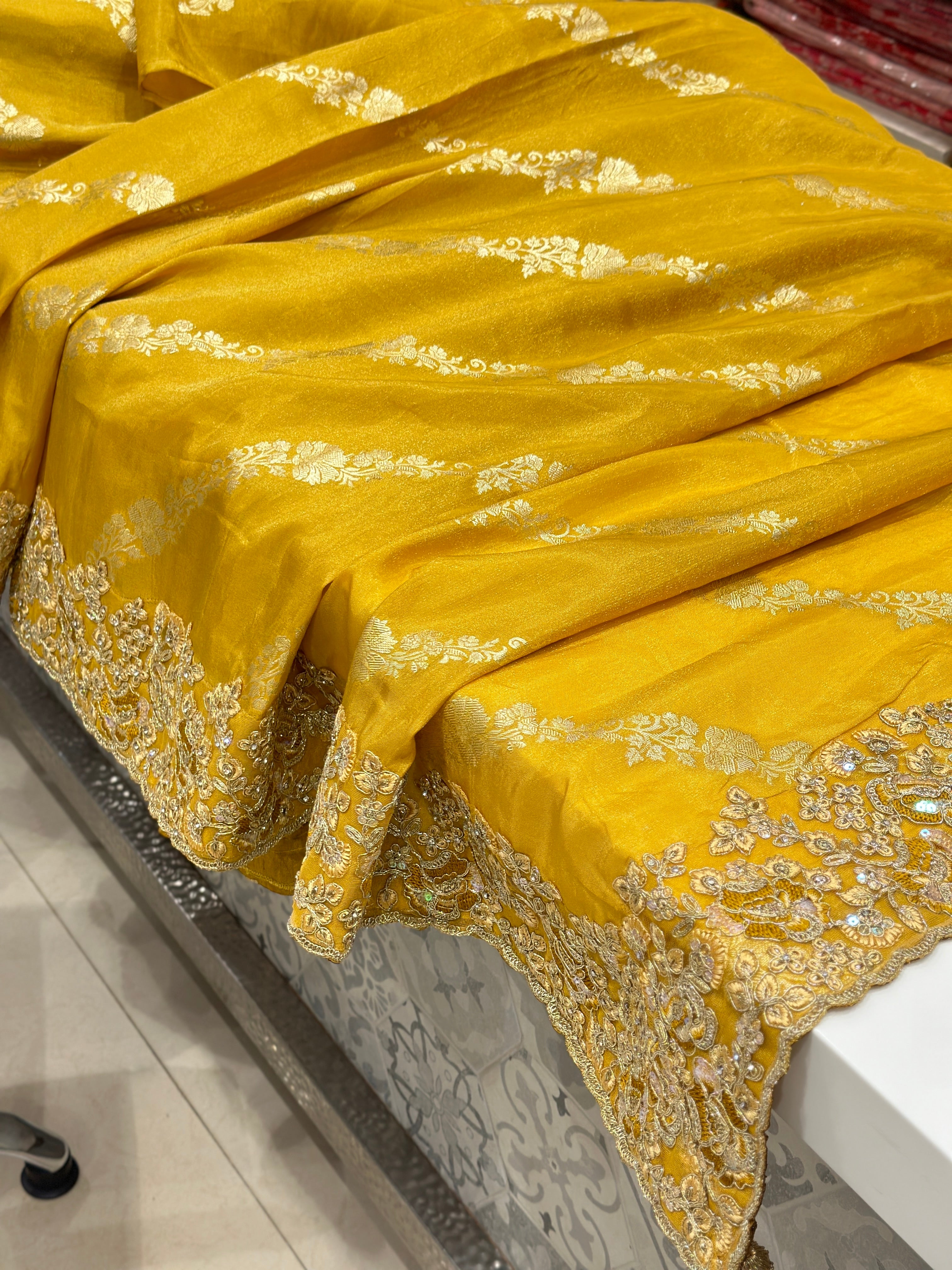 Yellow Crepe Tissue Embroidery Saree
