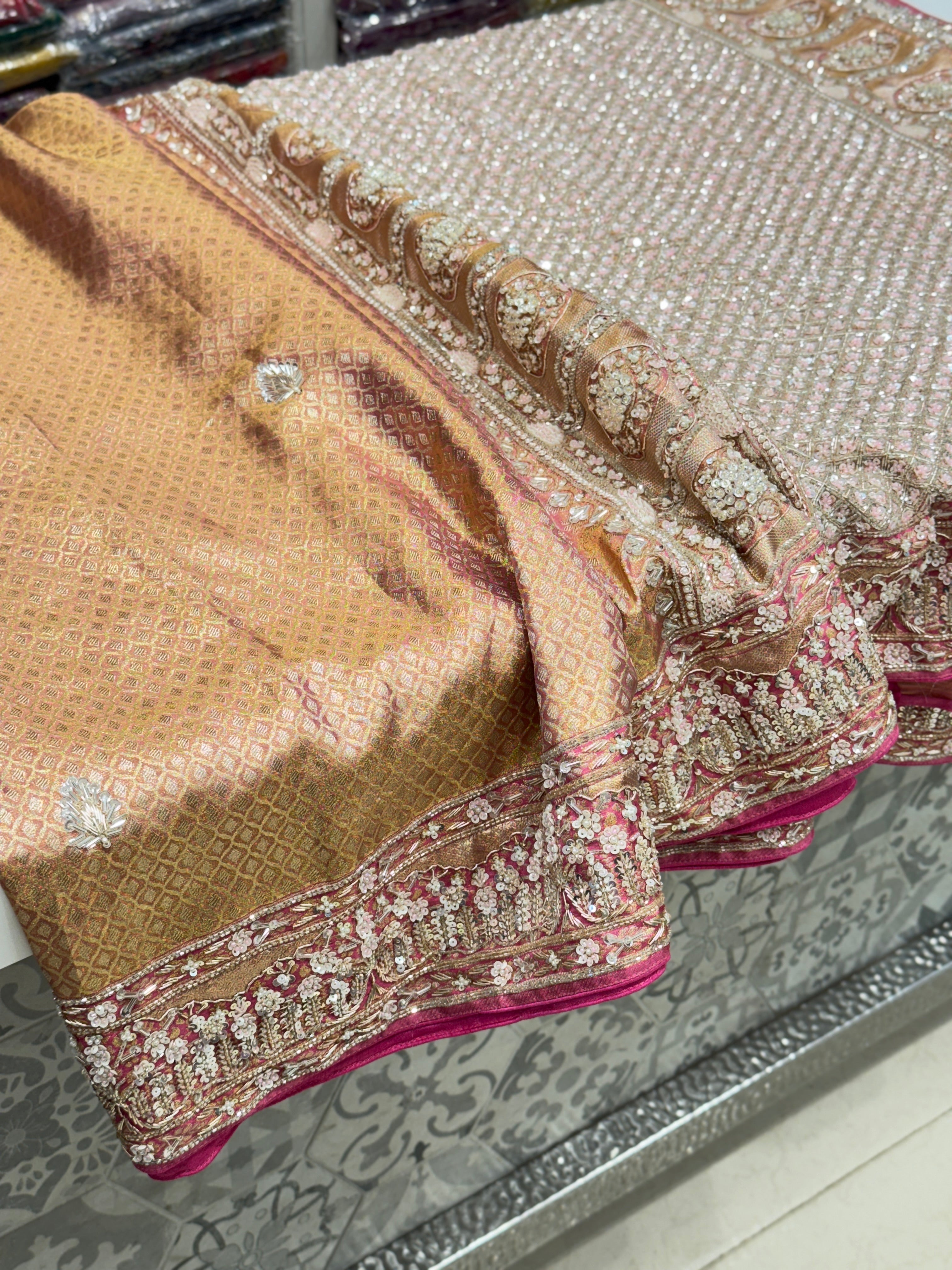 Pink Tissue Kanjivaram Hand Embroidery Saree
