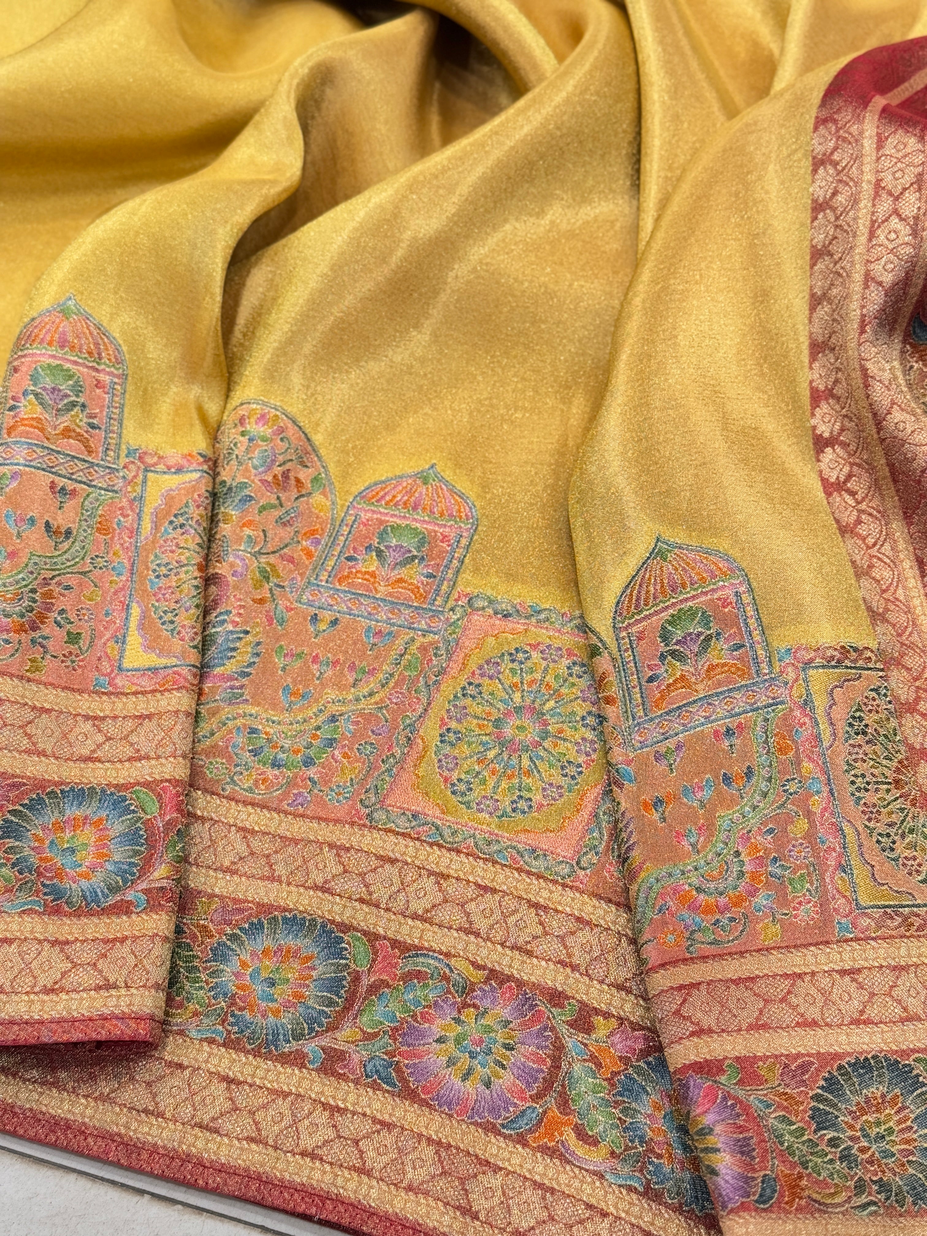 Yellow Crepe Tissue Gala Pashmina Saree