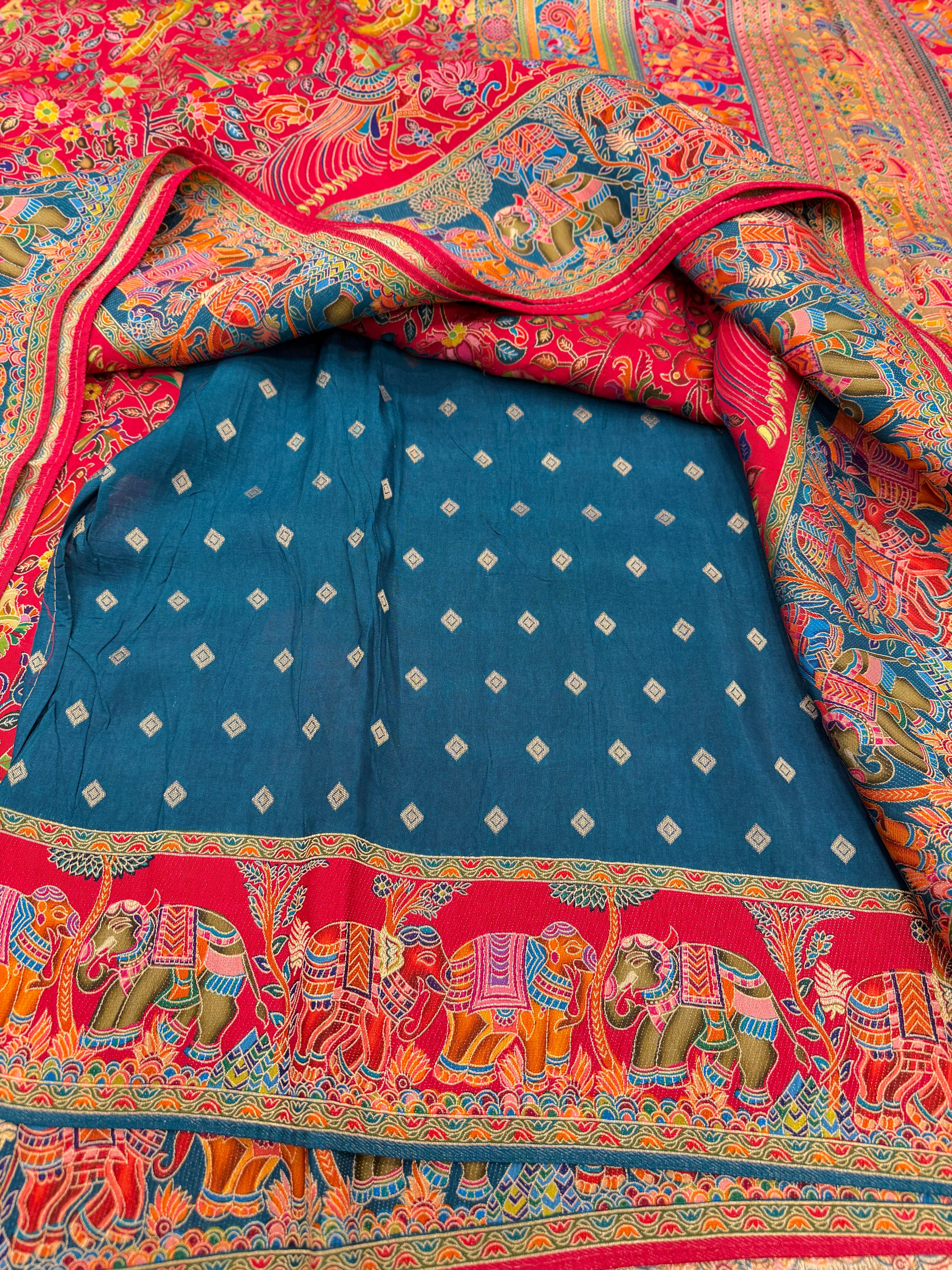 Red Blue Weaved Pashmina Style Multi Colour Saree