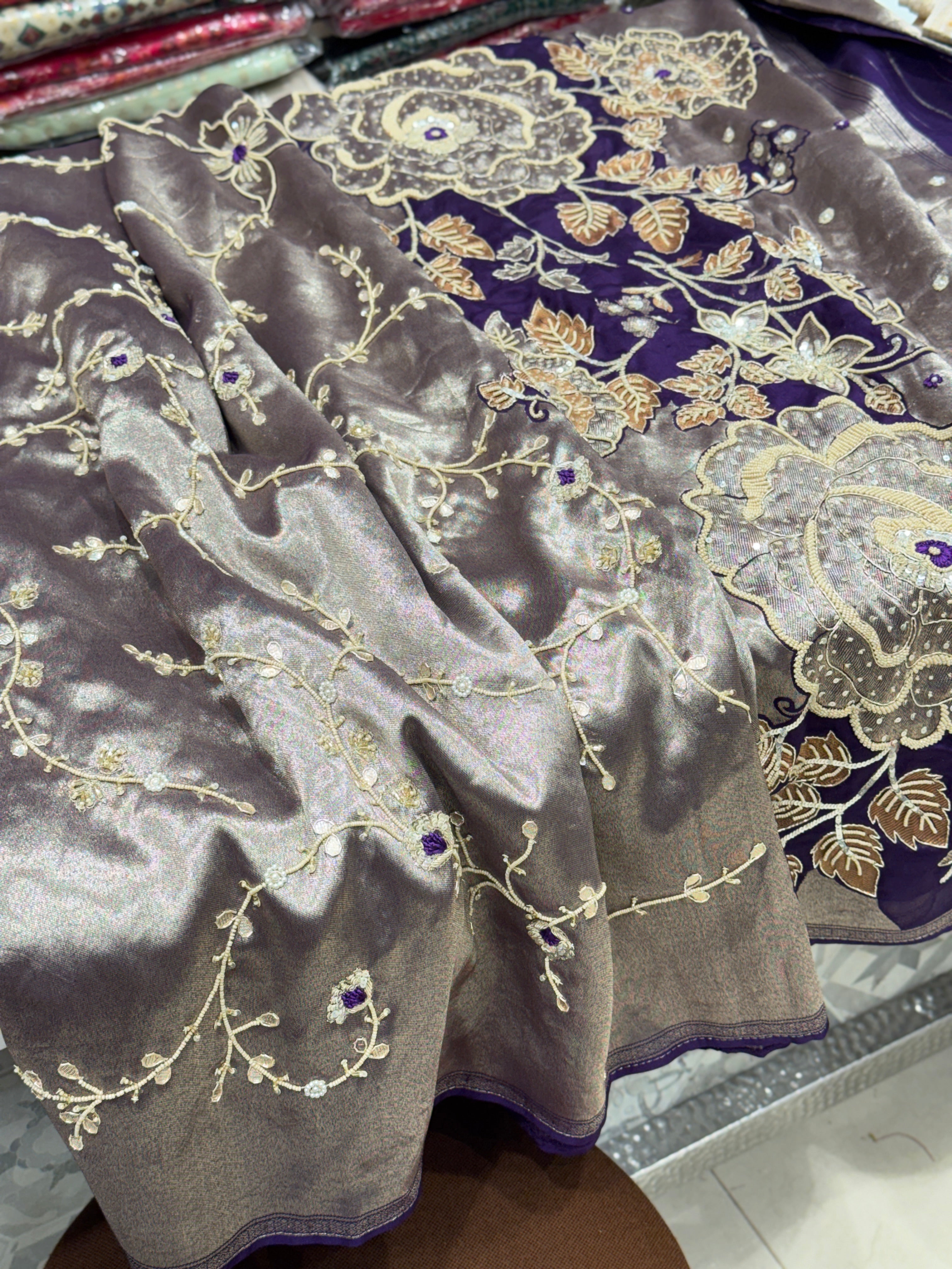 Violet Tissue Floral Pallu Zardosi Embroidery Saree