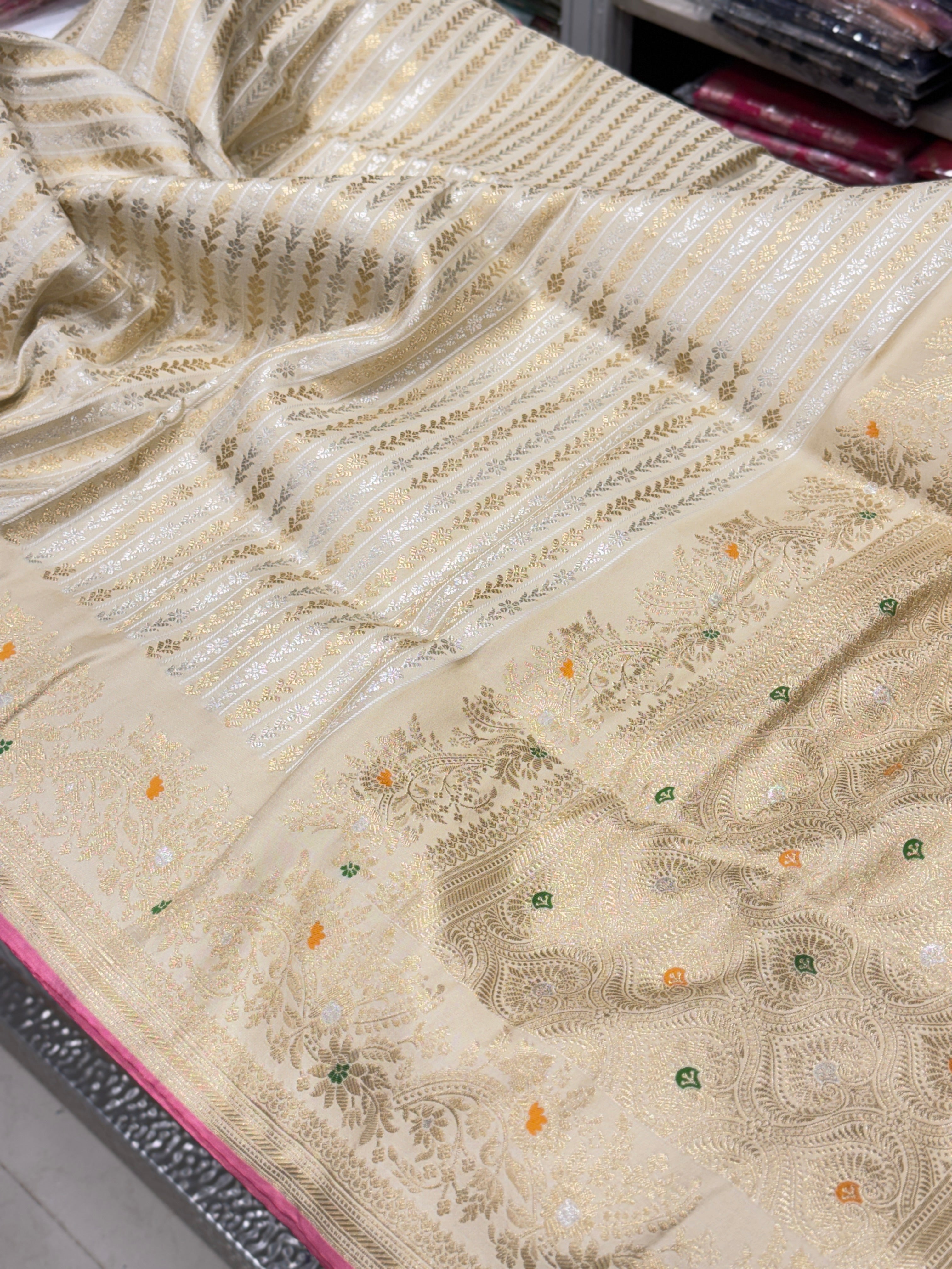 Beige Banarasi Lines Weave Saree