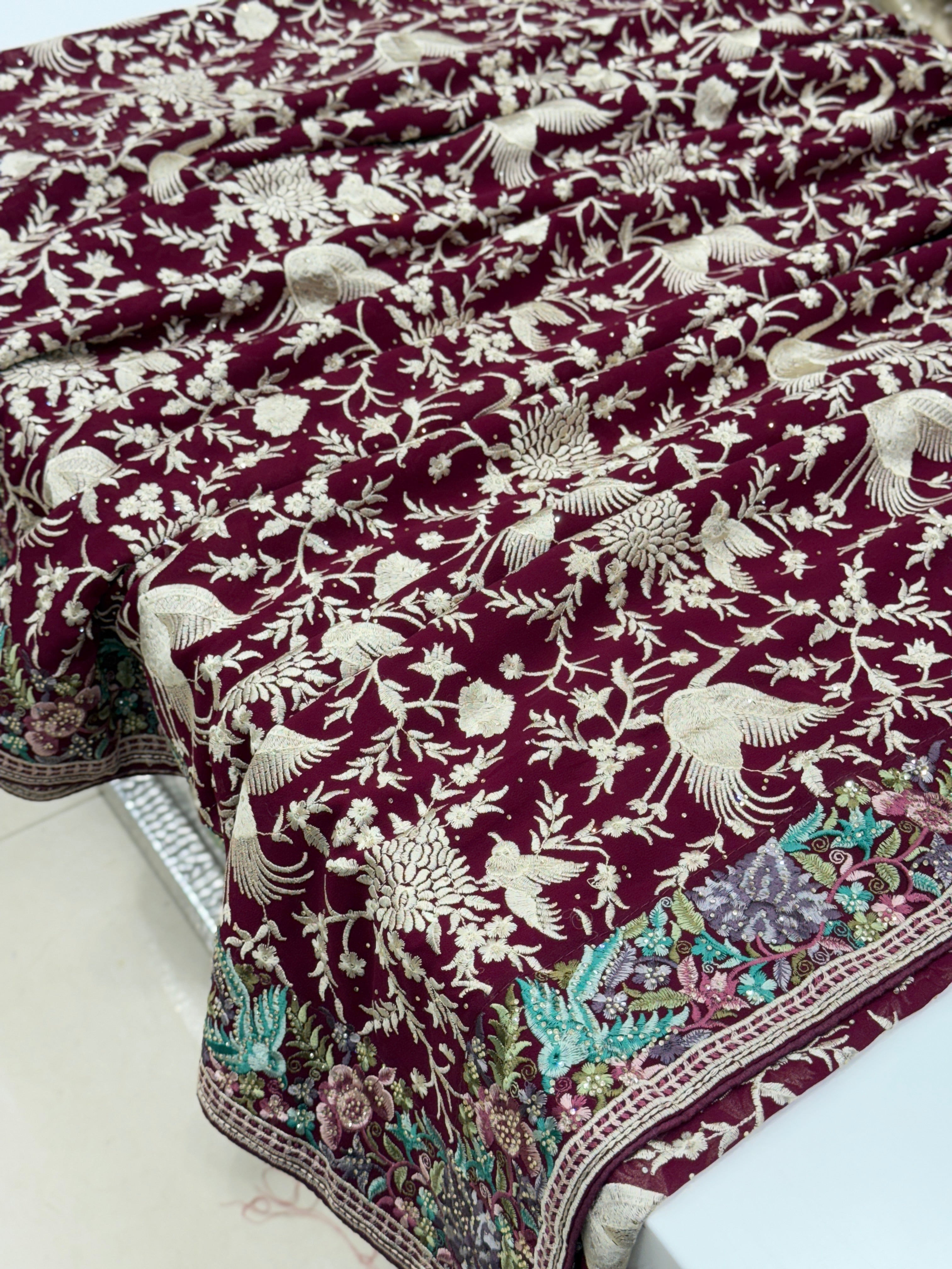 Wine Parsi Gara Saree with Stone Work Resham Embroidery
