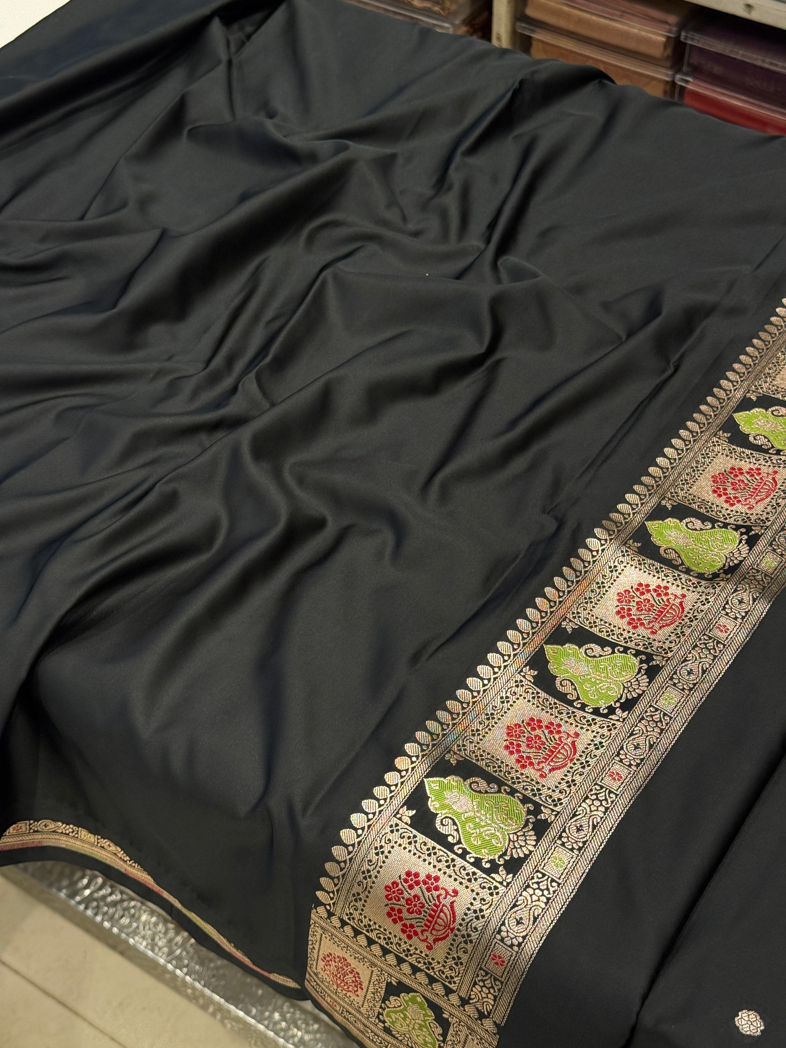 Black Banarasi Silk Butti Saree with Meenkari Border