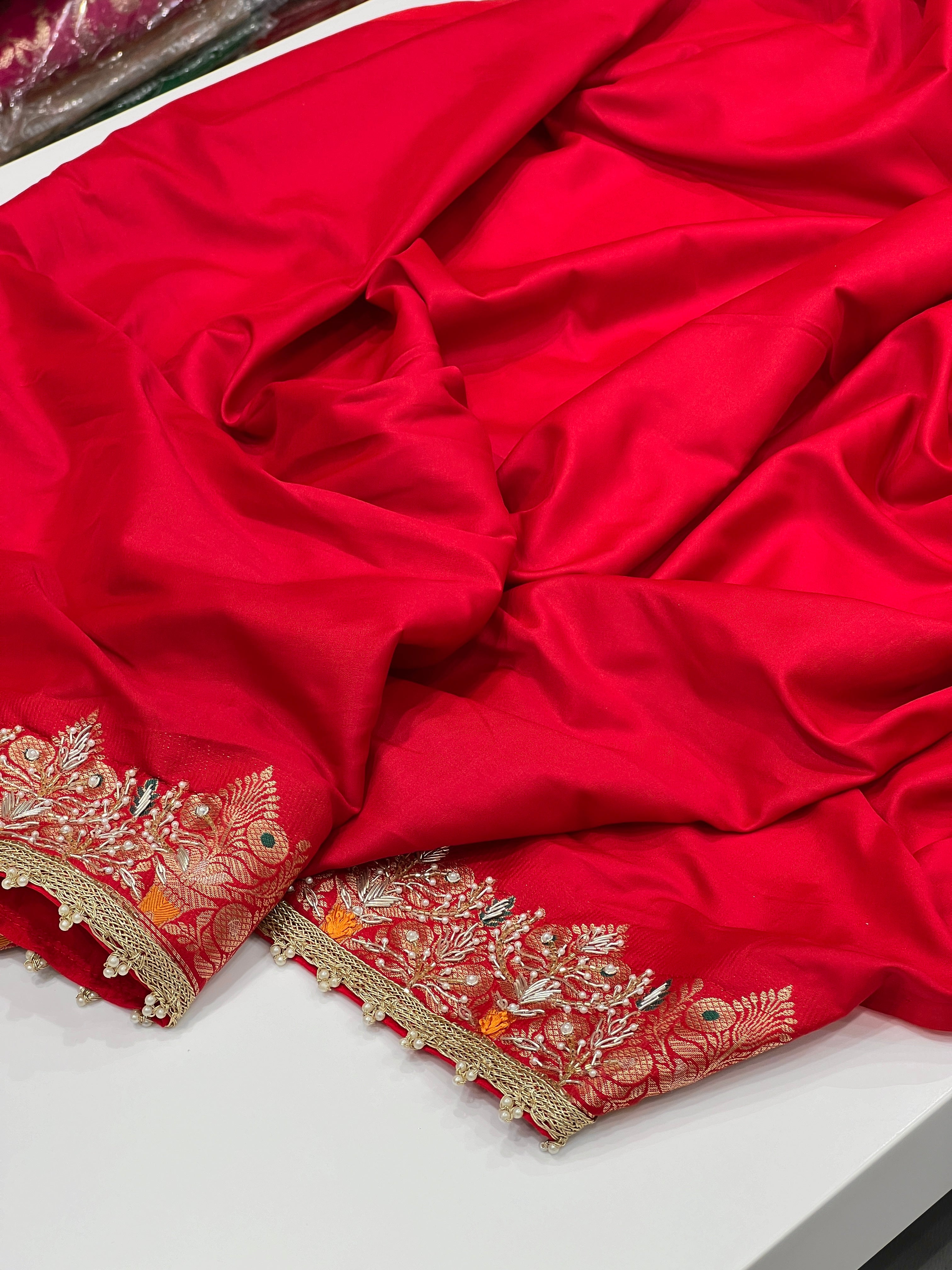 Beige Red Banarasi Zardosi Resham Embroidery Saree