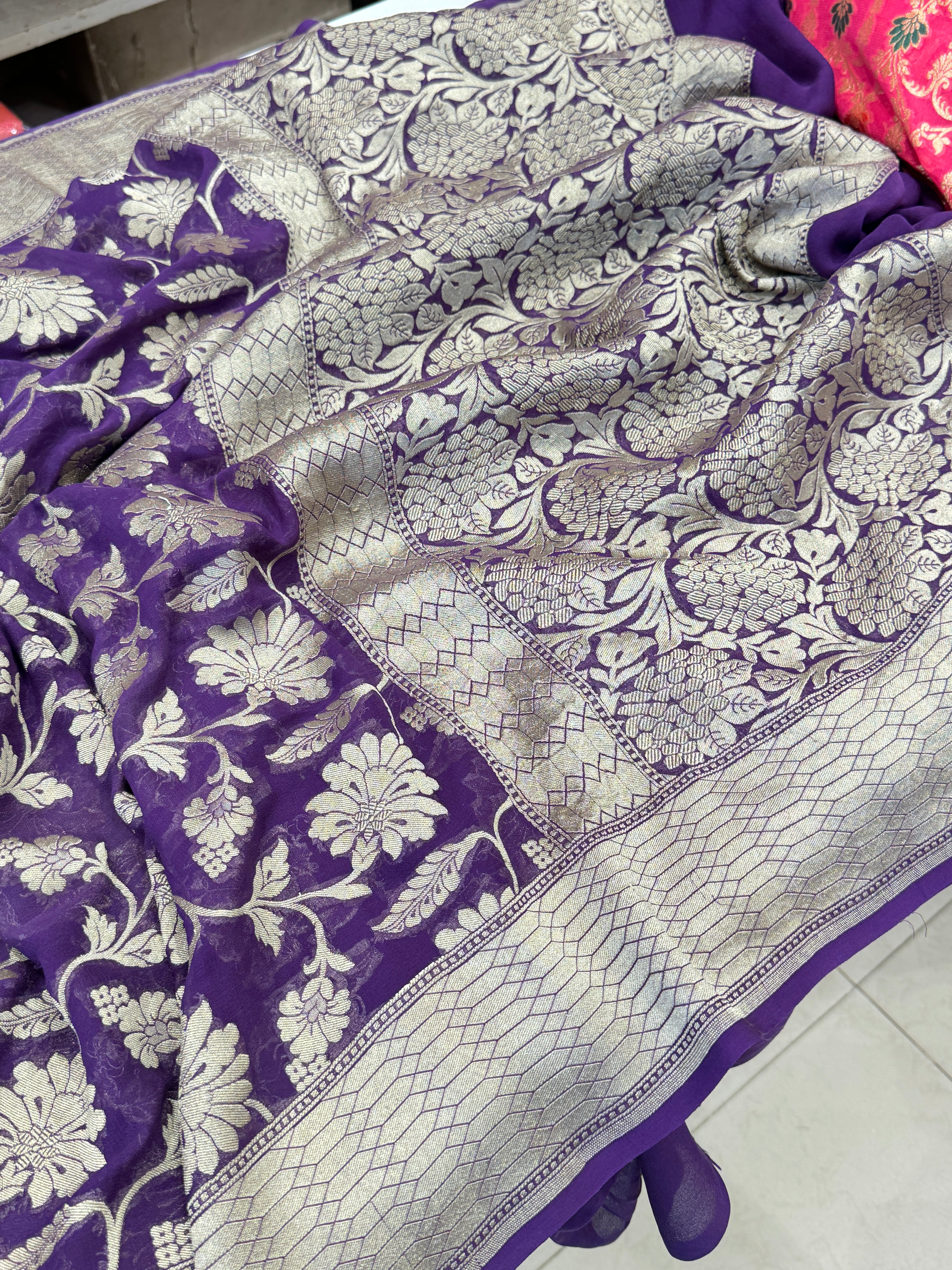 Purple Banarasi Floral Handloom Georgette Saree