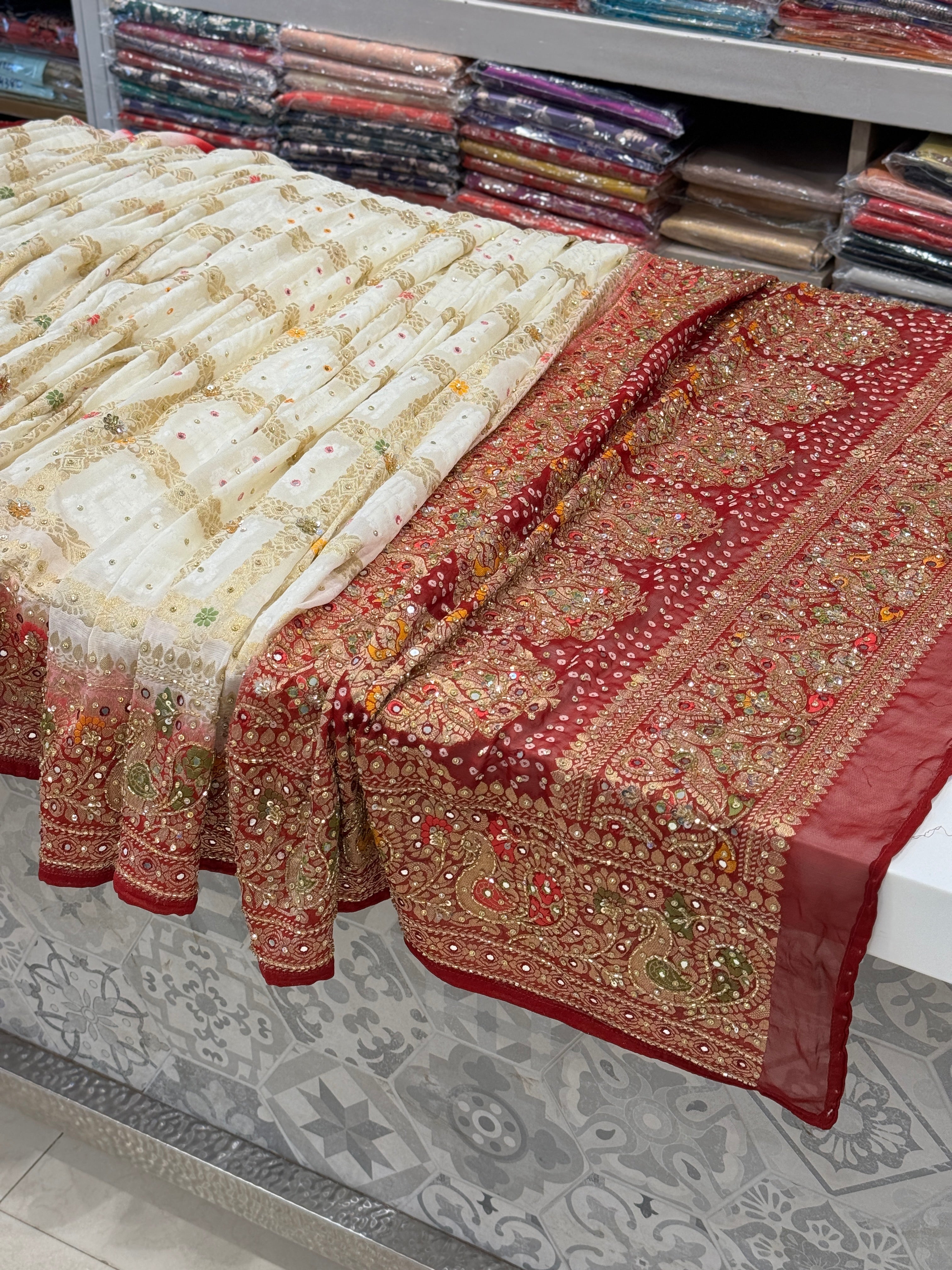 Beige Red Gharchola Hand Embroidery Saree