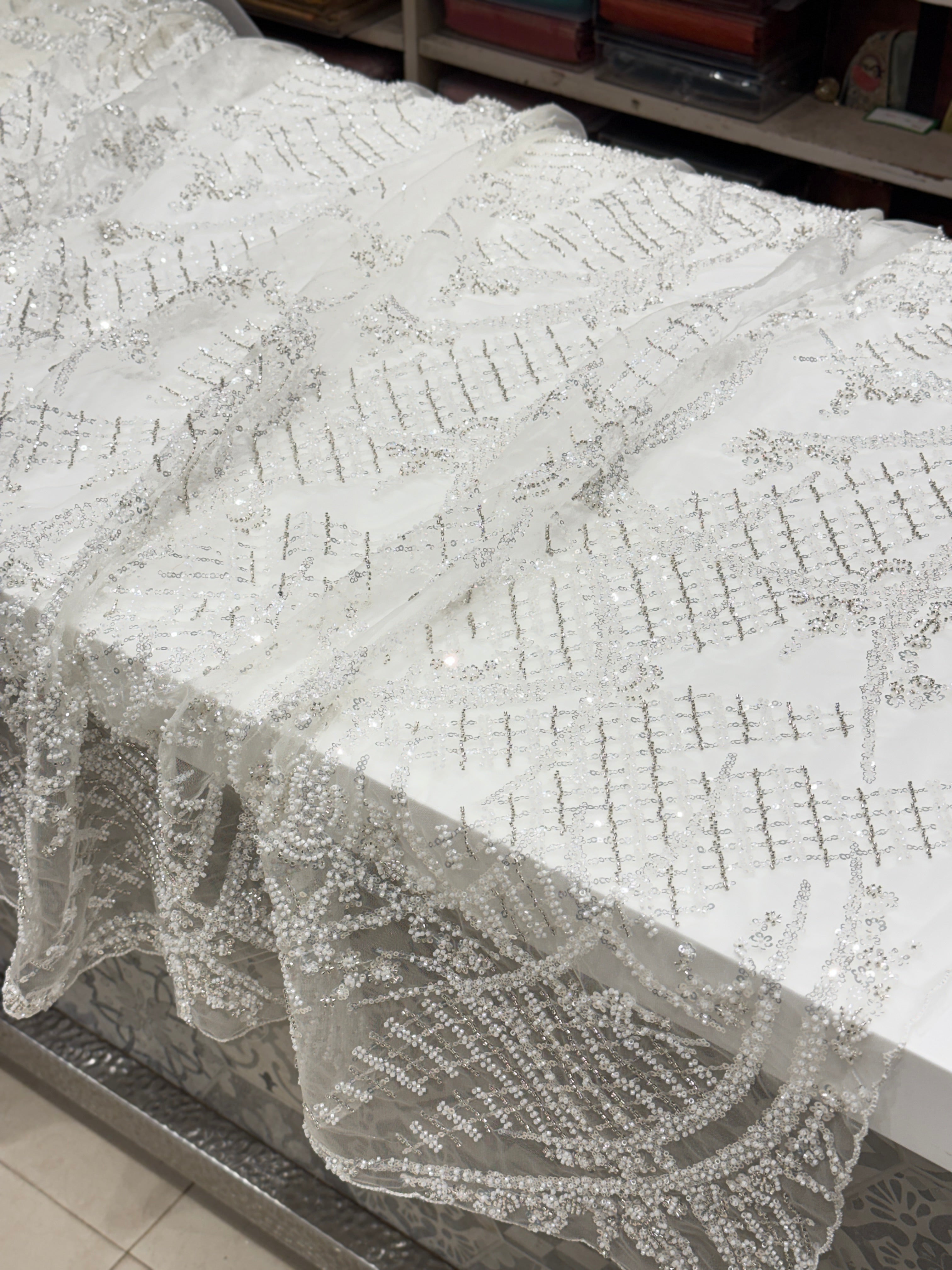 White Net Embroidery Moti Cutdana Soft Saree