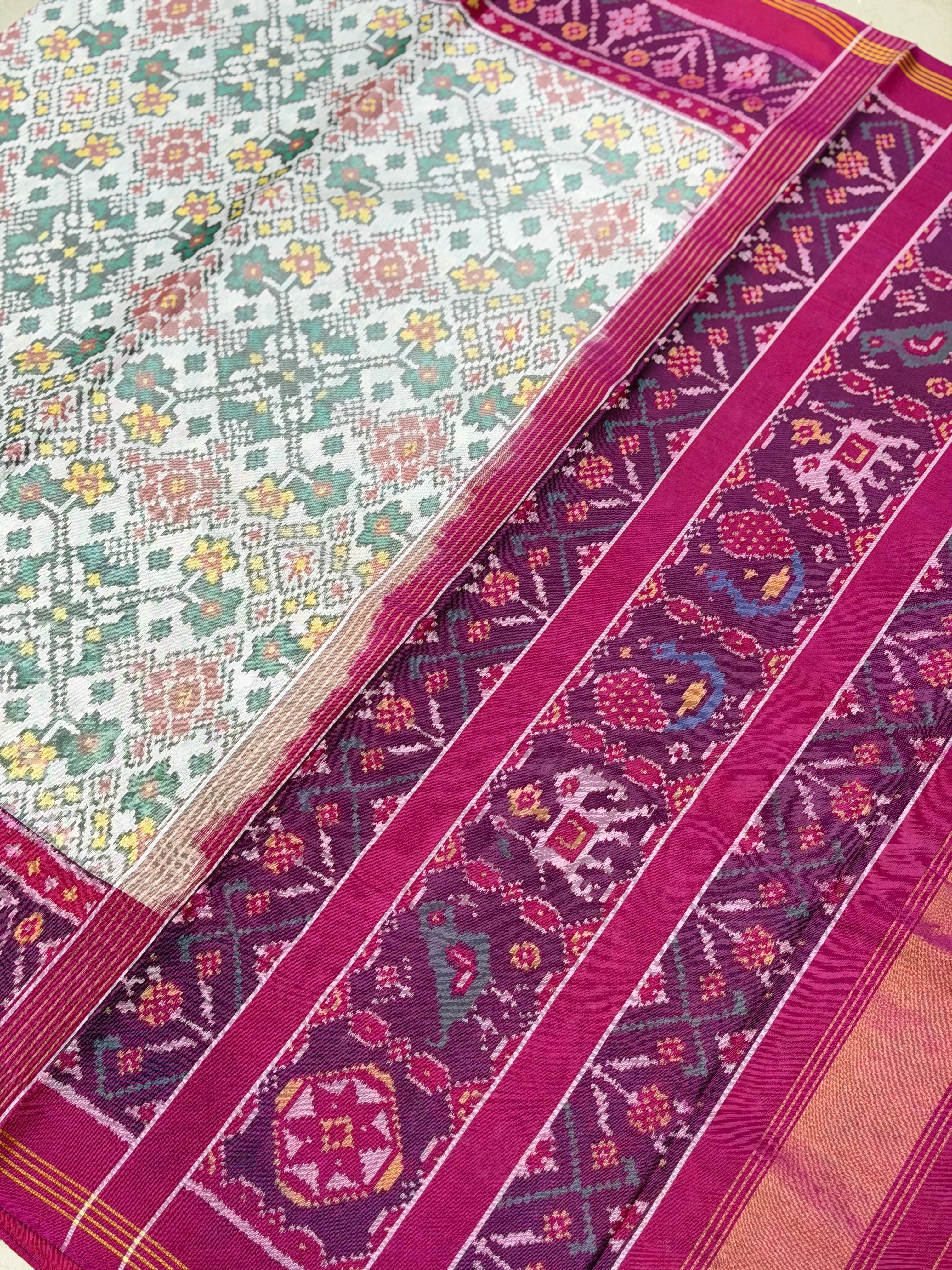 White Rani Navratna Patan Patola Handloom Pure Silk Saree