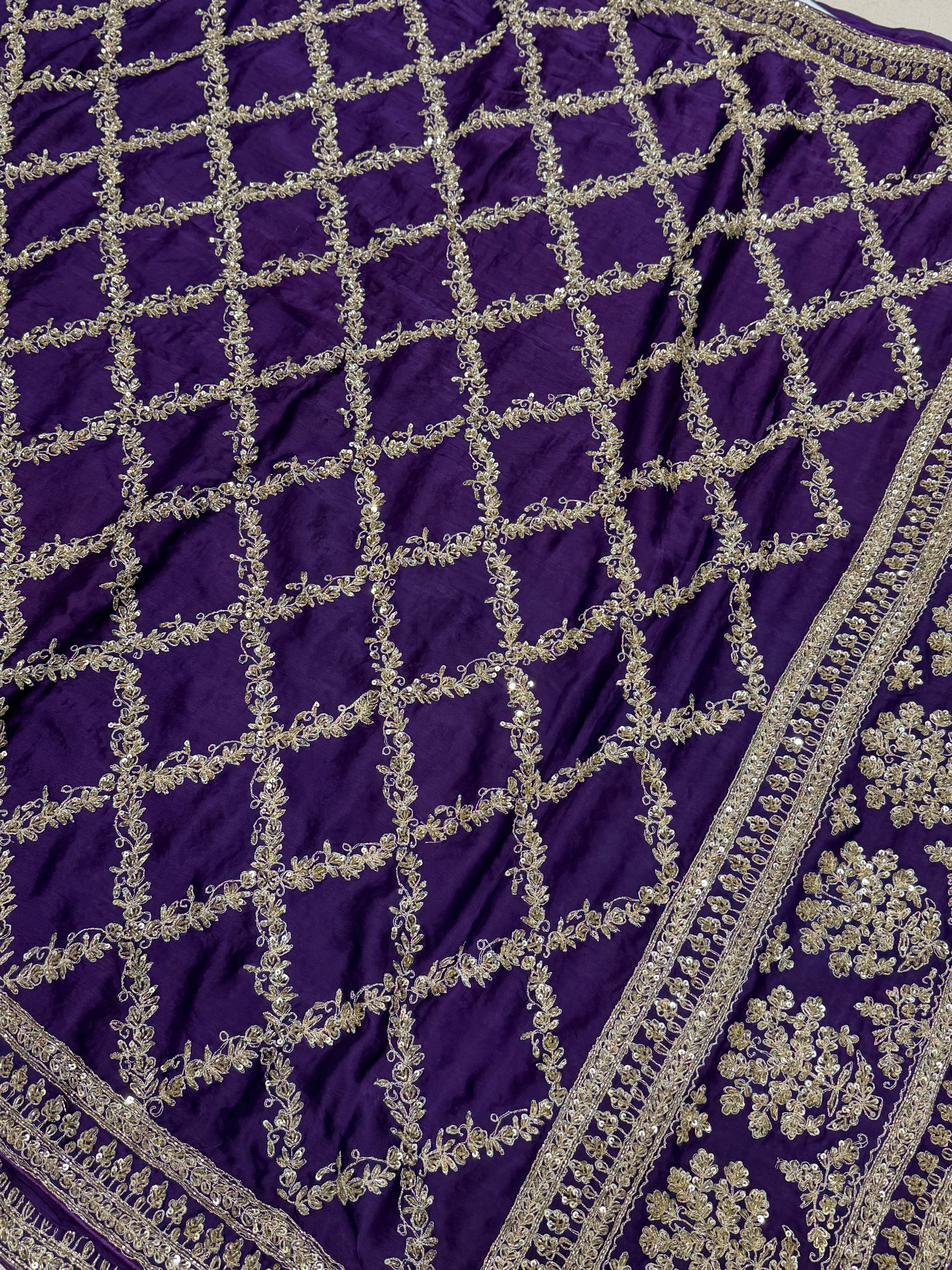 Violet Crepe Satin Sabyasachi Inspired Zardosi Jaal Embroidery Saree